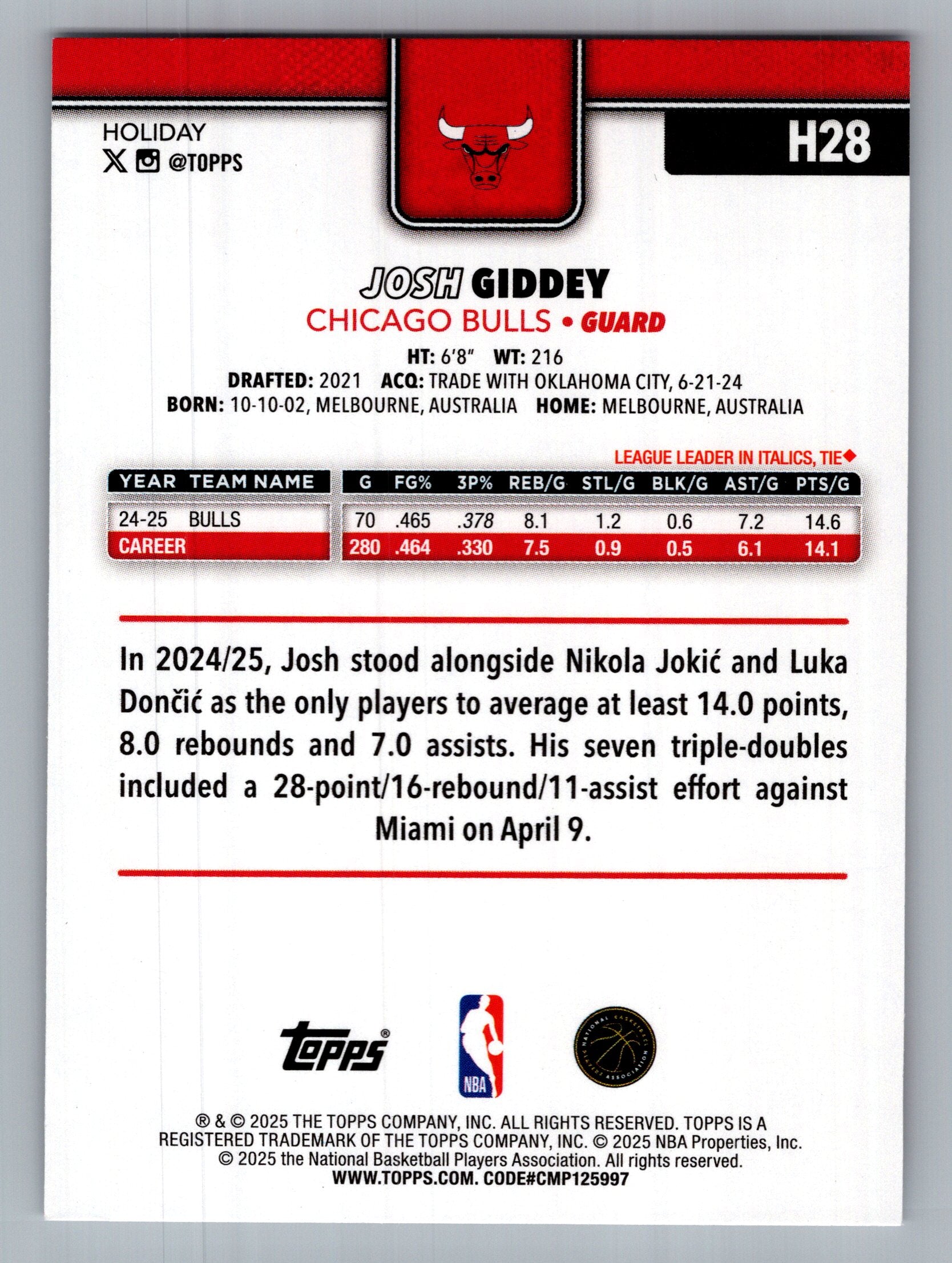 2025-26 Topps Holiday #H28 Josh Giddey
