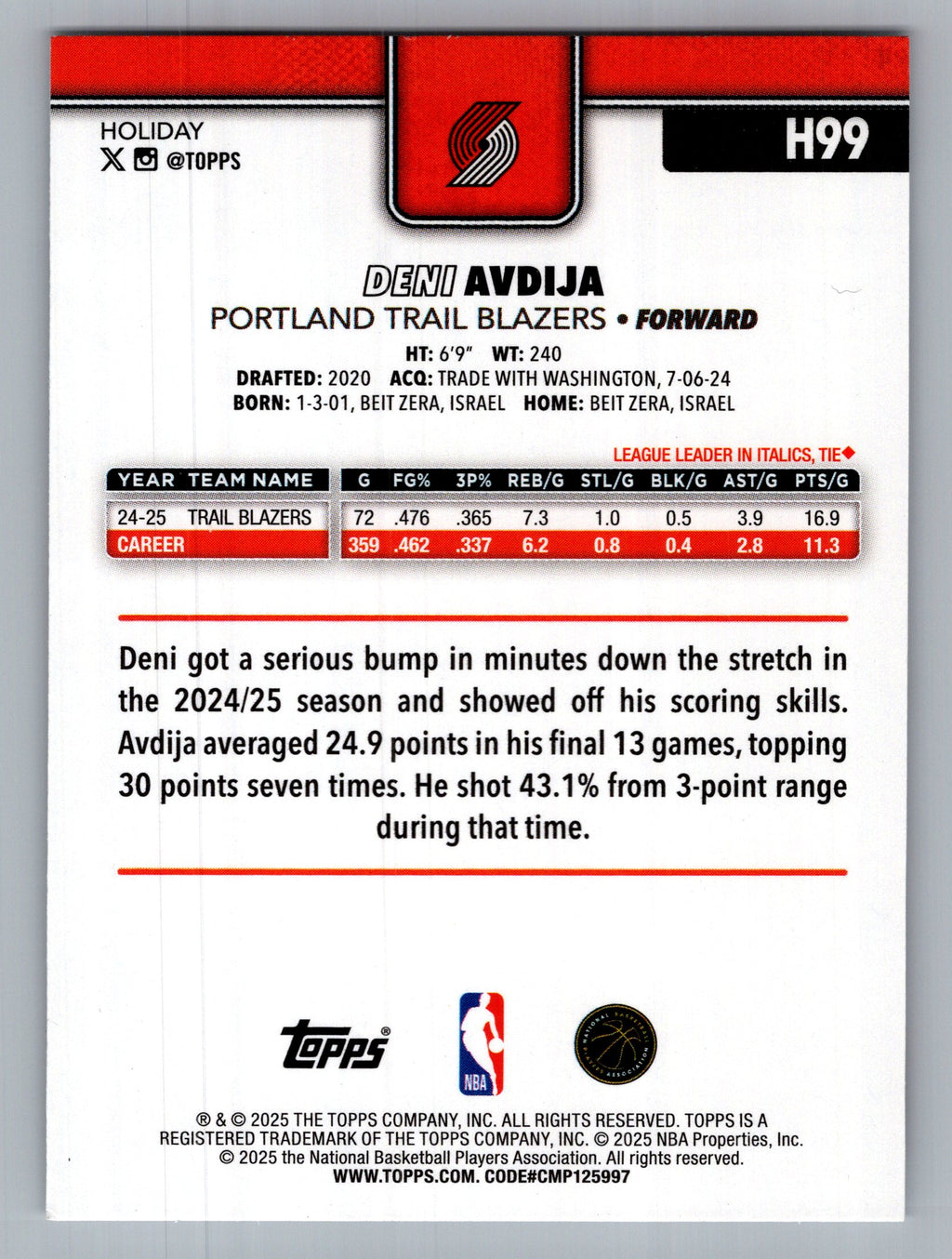 2025-26 Topps #125 Deni Avdija