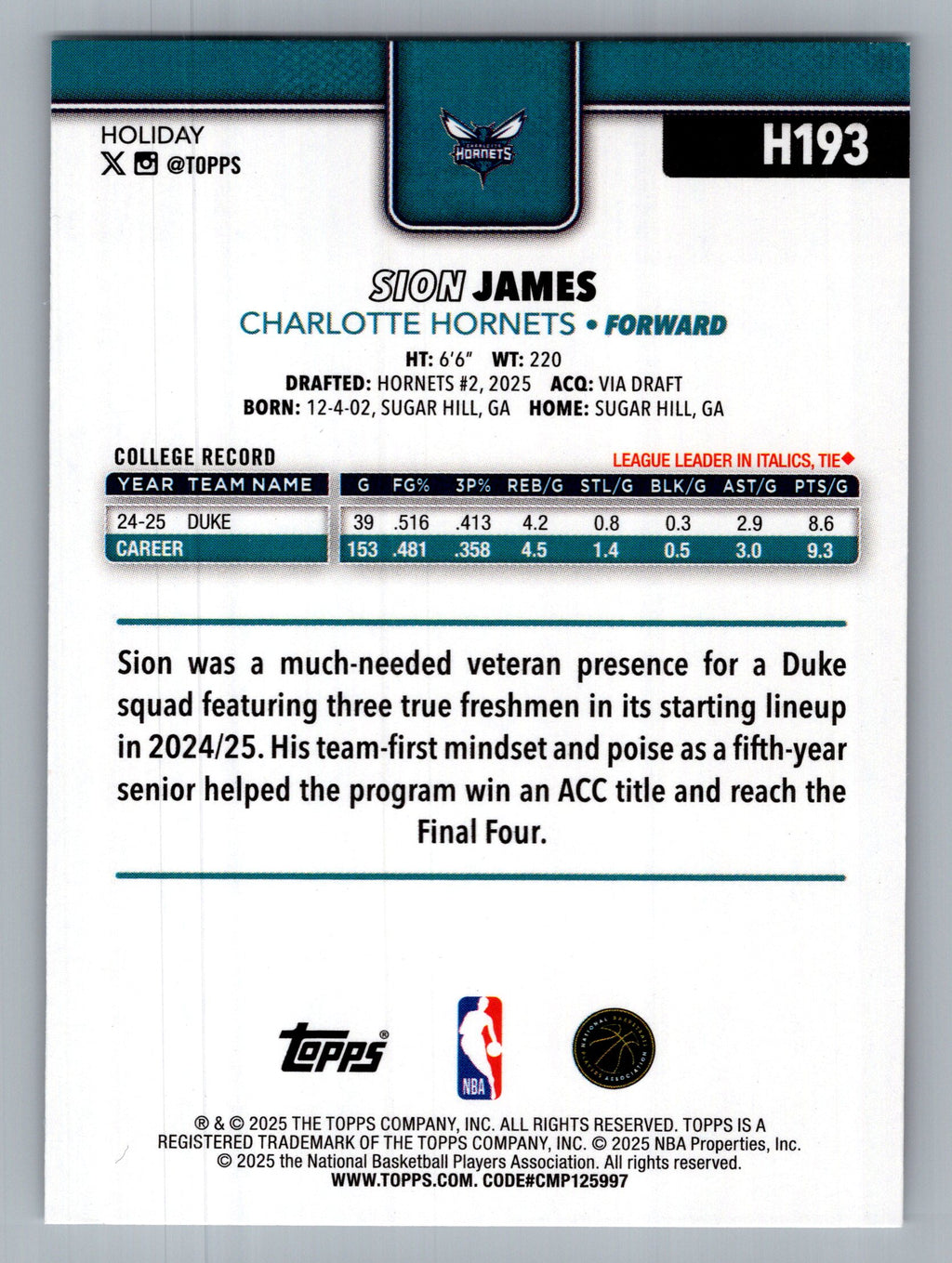 2025-26 Topps Holiday #H193 Sion James