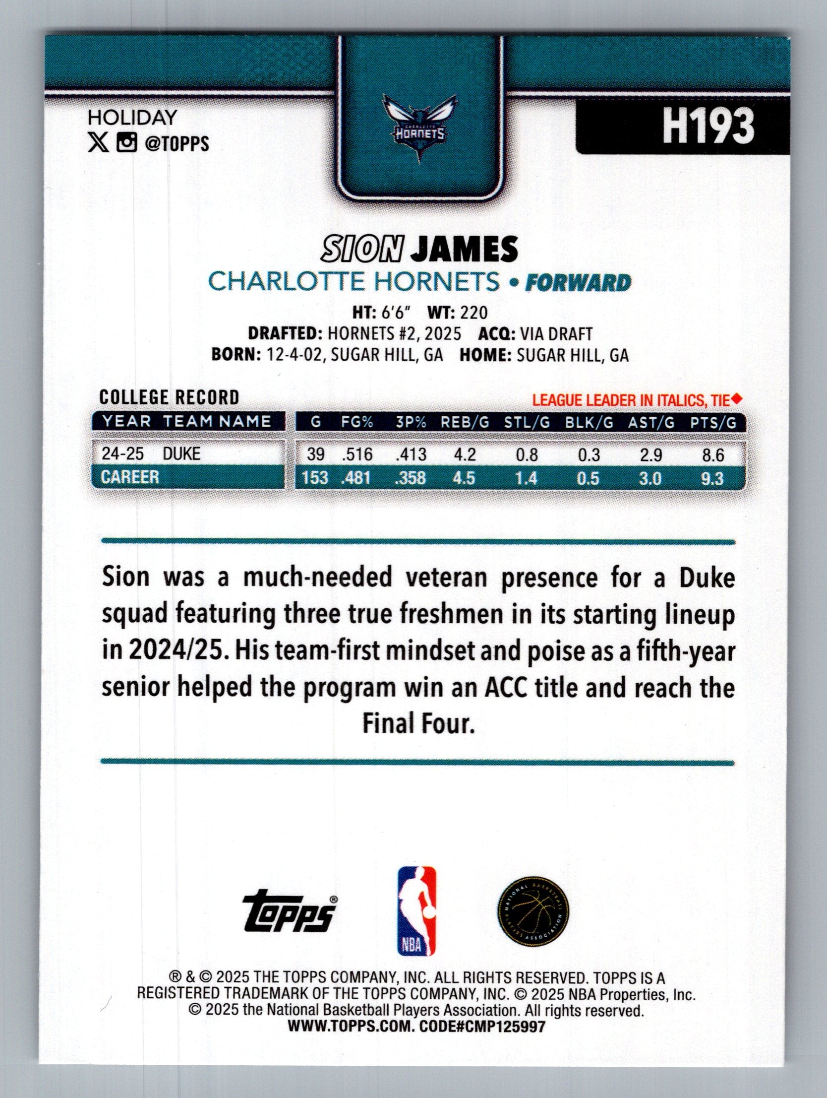 2025-26 Topps Holiday #H193 Sion James