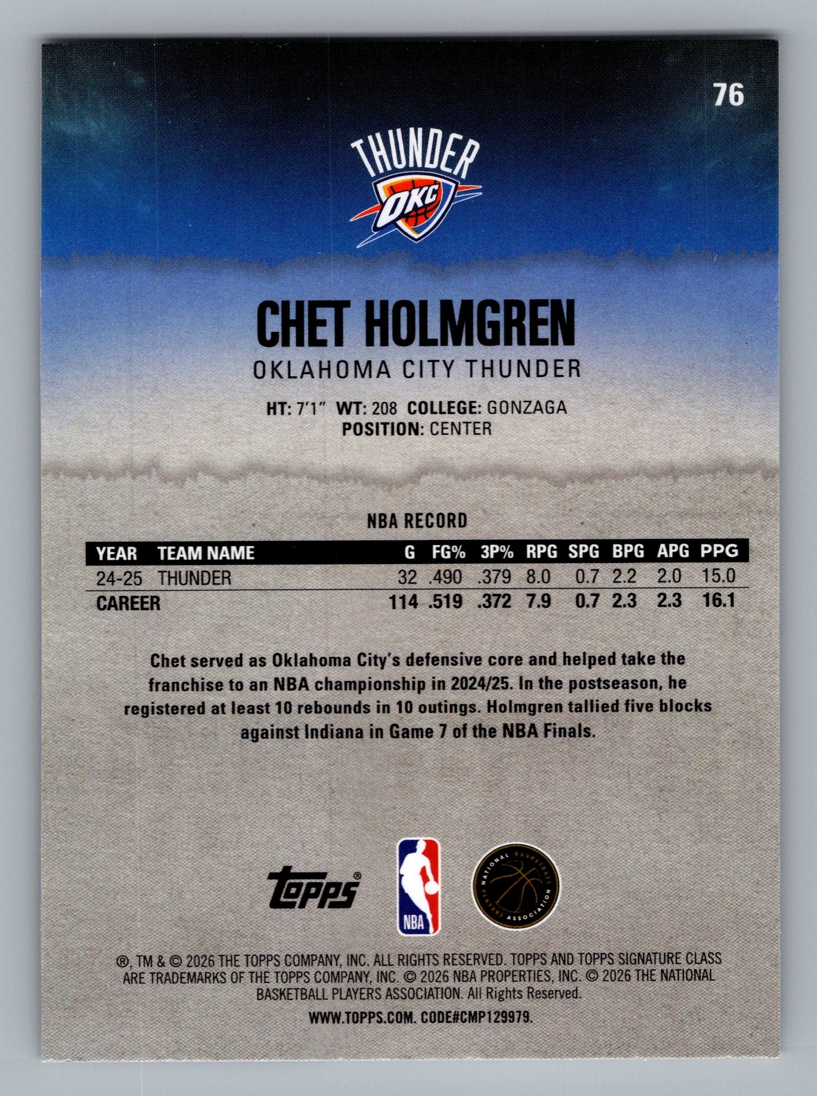 2025-26 Topps Signature Class #76 Chet Holmgren