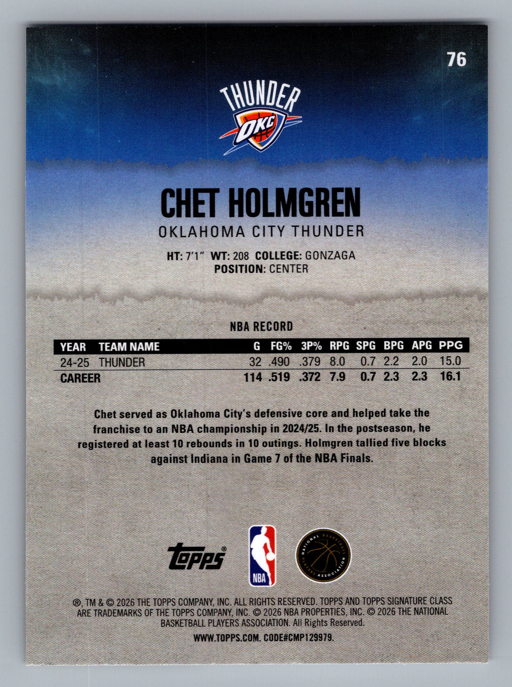 2025-26 Topps Signature Class #76 Chet Holmgren