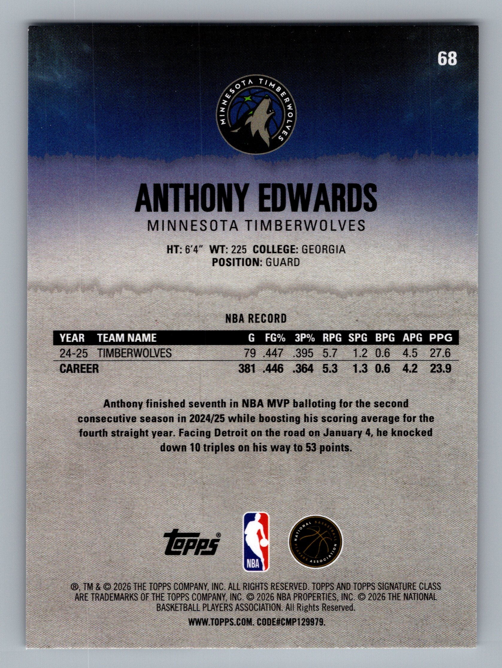 2025-26 Topps Signature Class #68 Anthony Edwards