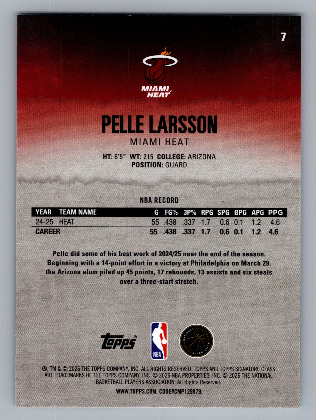 2025-26 Topps Signature Class #7 Pelle Larsson