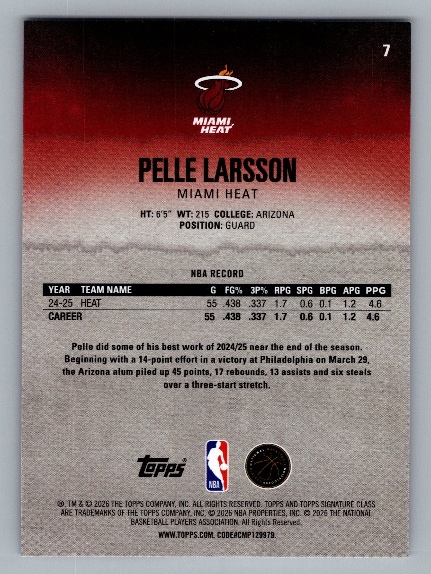 2025-26 Topps Signature Class #7 Pelle Larsson
