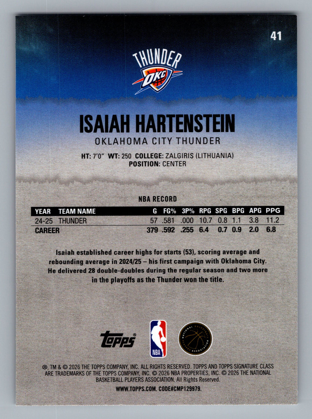 2025-26 Topps Signature Class #41 Isaiah Hartenstein