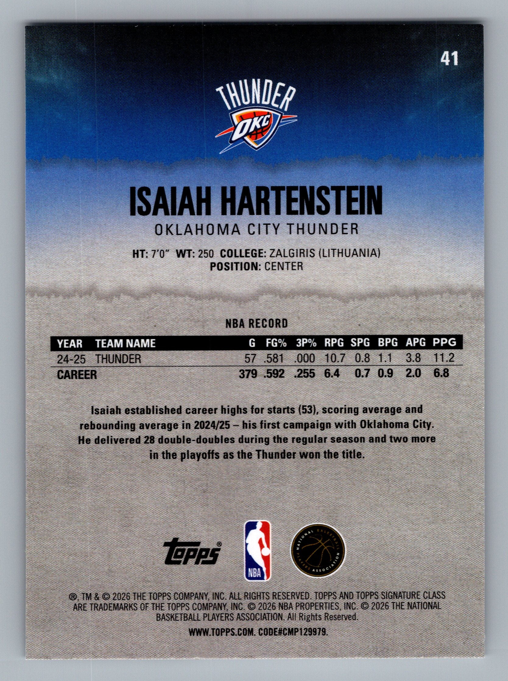 2025-26 Topps Signature Class #41 Isaiah Hartenstein