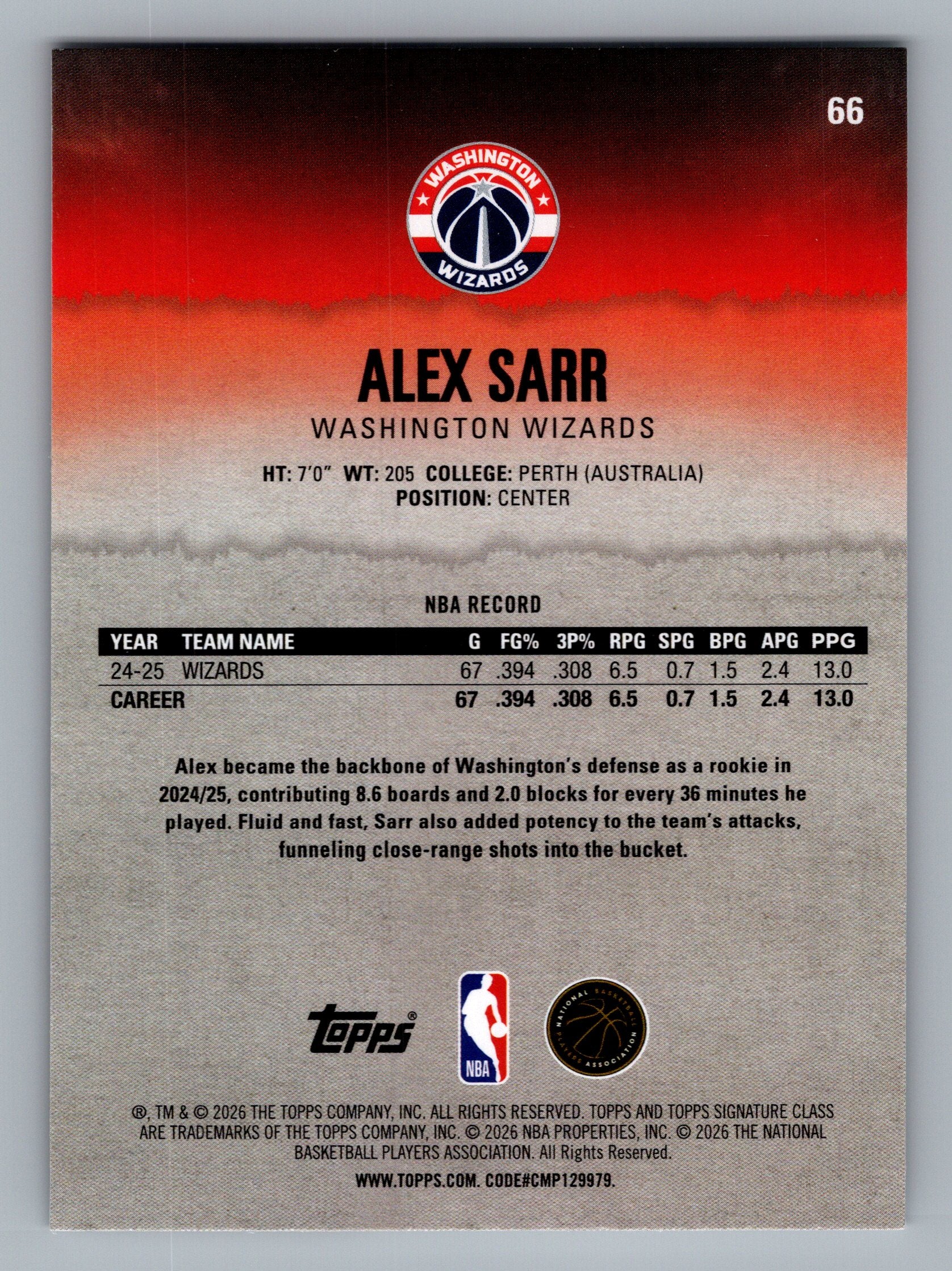 2025-26 Topps Signature Class #66 Alex Sarr