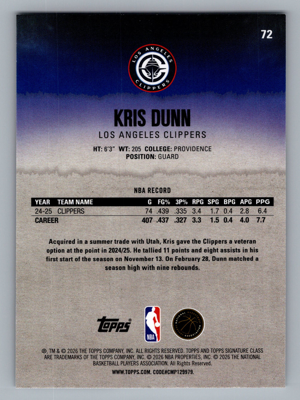 2025-26 Topps Signature Class #72 Kris Dunn