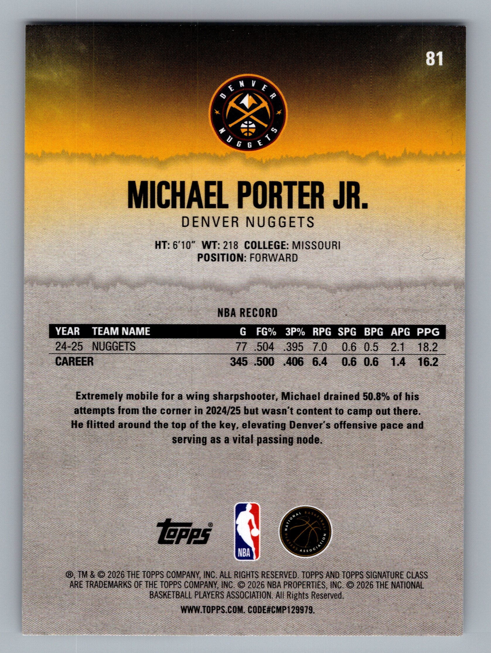 2025-26 Topps Signature Class #81 Michael Porter Jr.