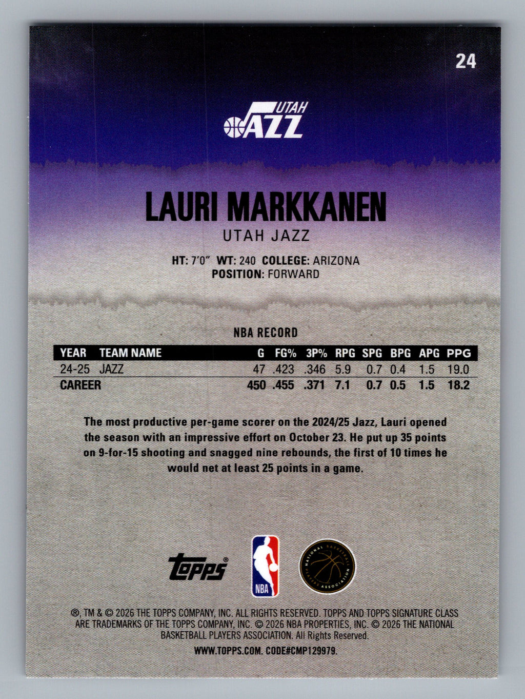 2025-26 Topps Signature Class #24 Lauri Markkanen