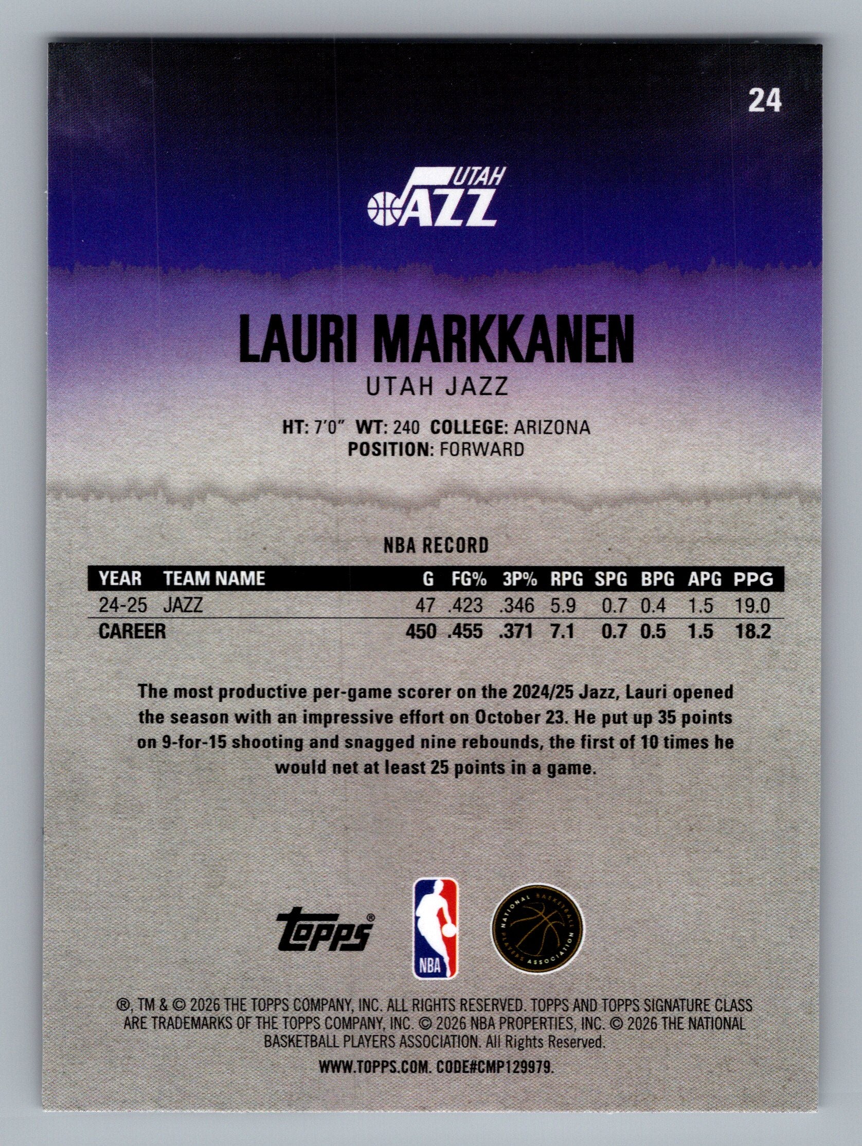 2025-26 Topps Signature Class #24 Lauri Markkanen