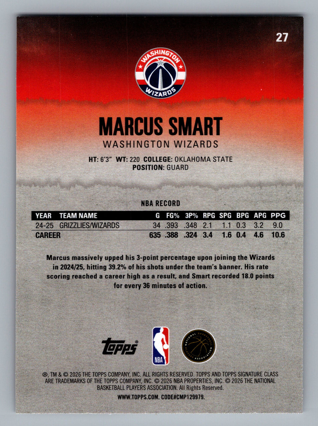 2025-26 Topps Signature Class #27 Marcus Smart