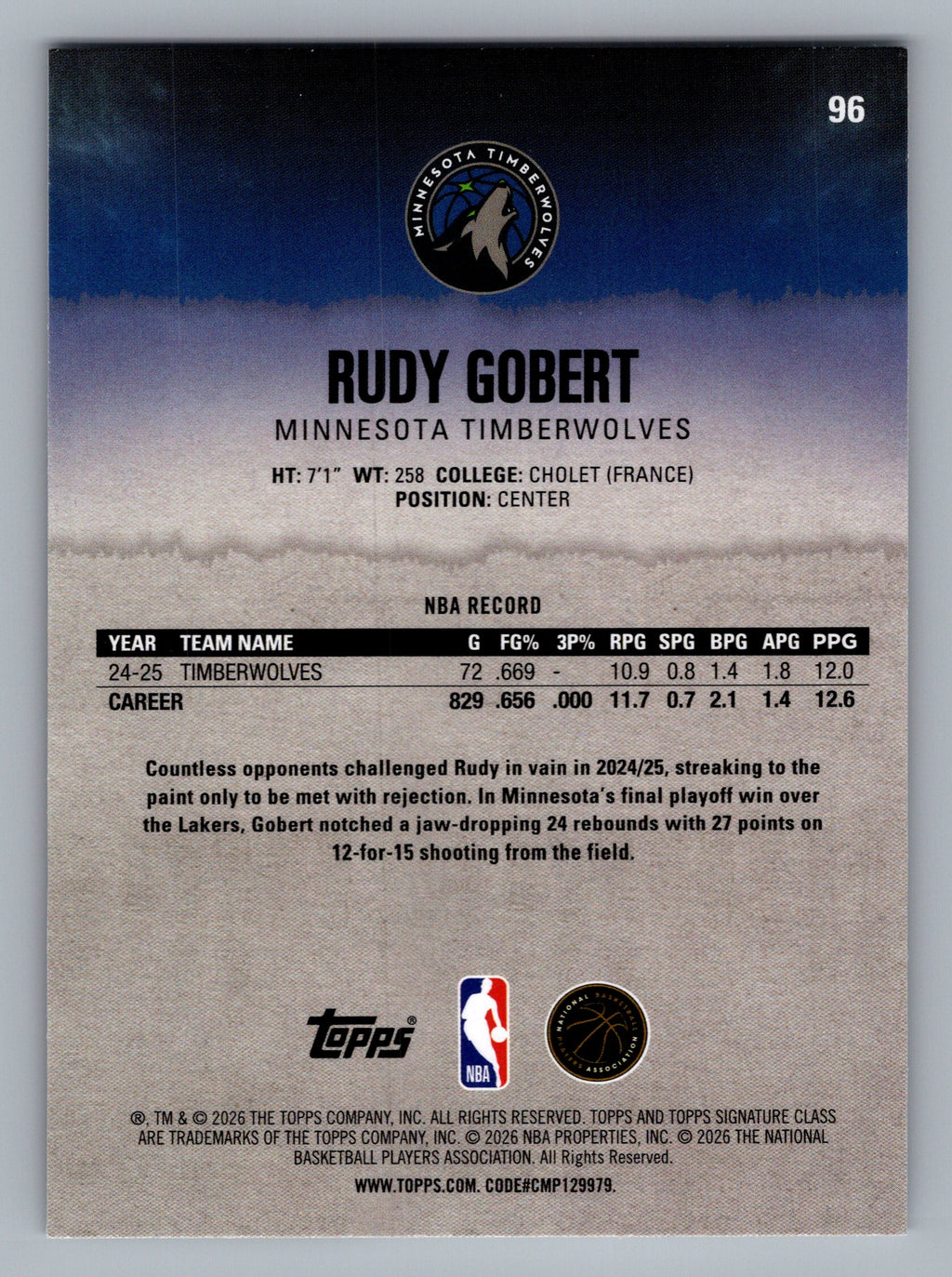 2025-26 Topps Signature Class #96 Rudy Gobert