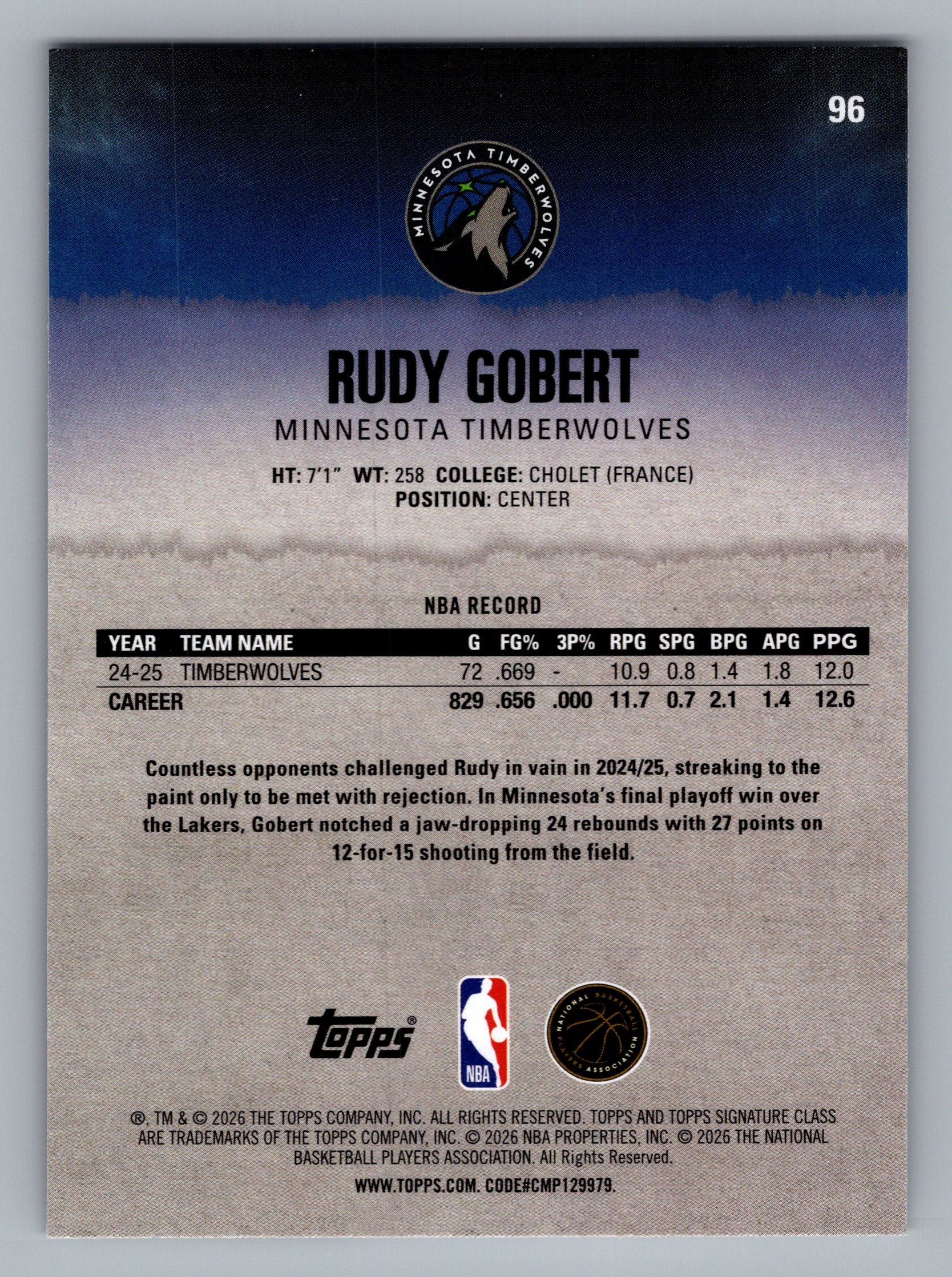2025-26 Topps Signature Class #96 Rudy Gobert