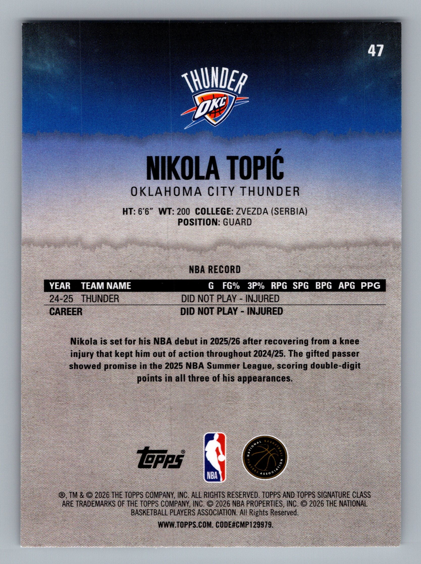 2025-26 Topps Signature Class #47 Nikola Topić