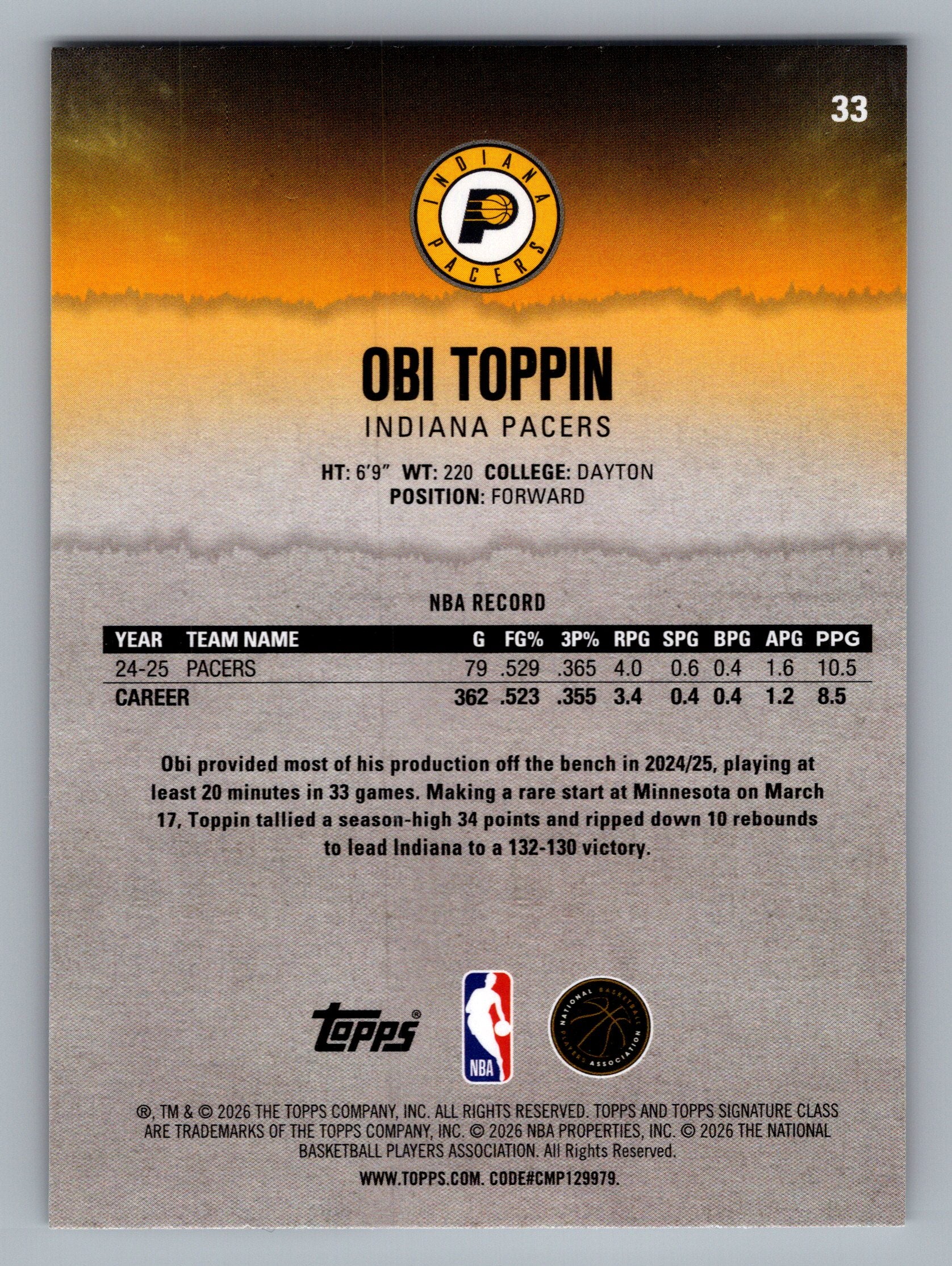 2025-26 Topps Signature Class #33 Obi Toppin