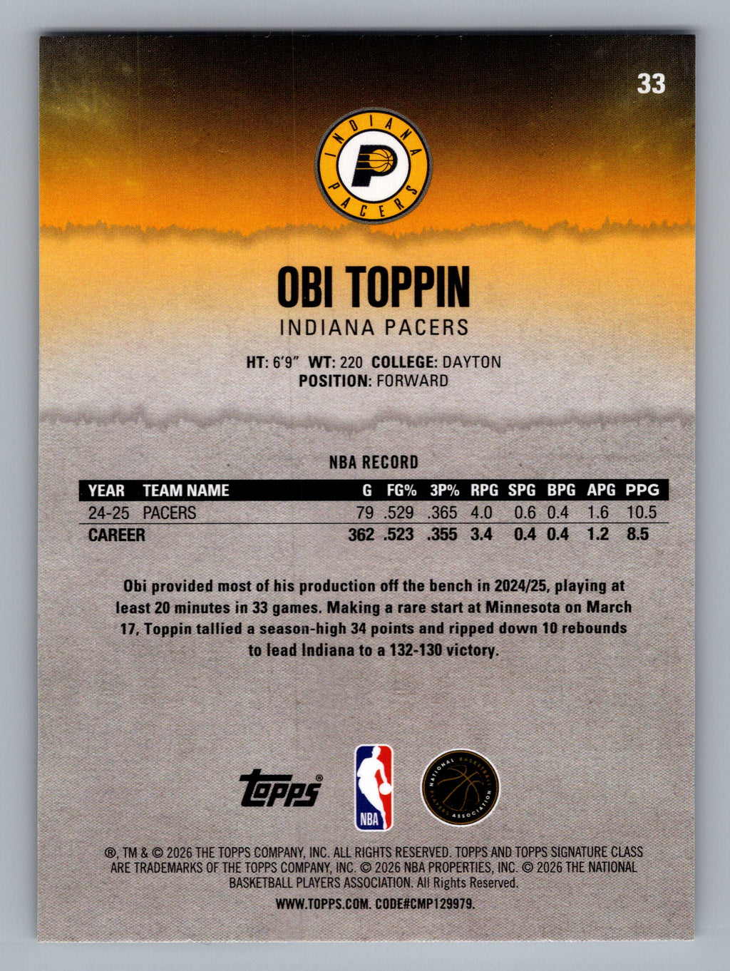 2025-26 Topps Signature Class #33 Obi Toppin