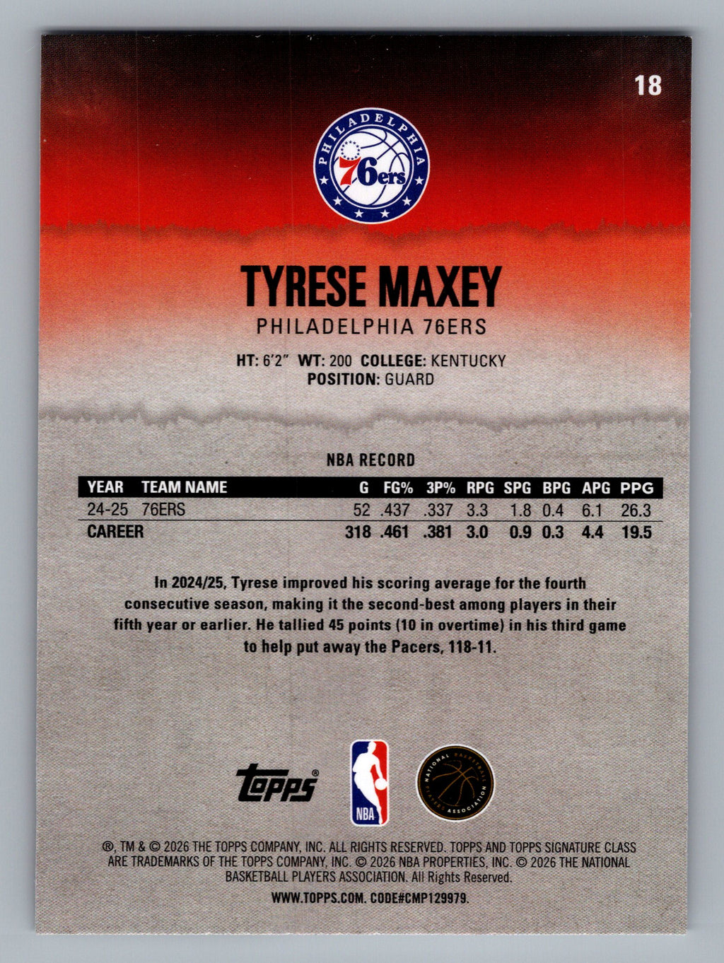 2025-26 Topps Signature Class #18 Tyrese Maxey