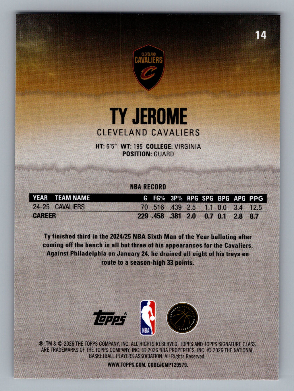 2025-26 Topps Signature Class #14 Ty Jerome