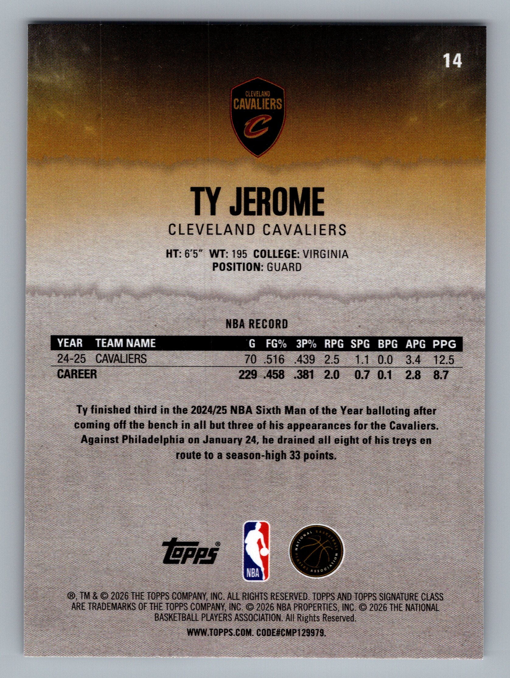 2025-26 Topps Signature Class #14 Ty Jerome
