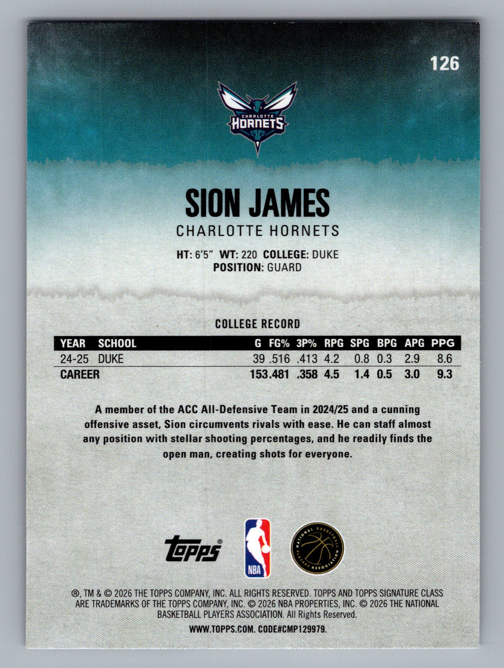 2025-26 Topps Signature Class #126 Sion James