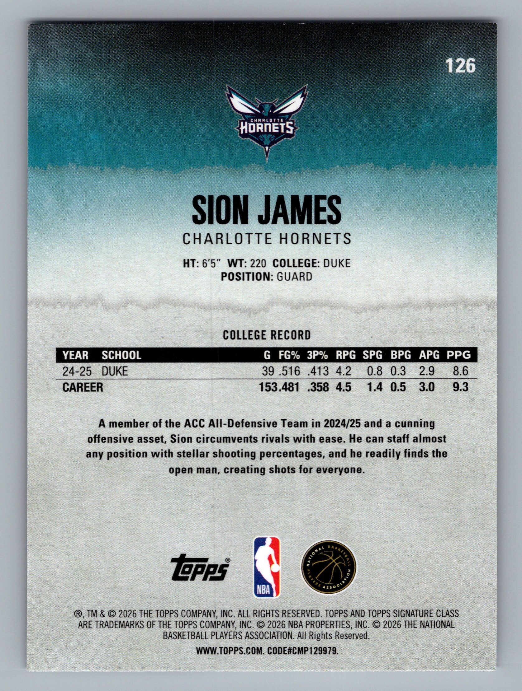 2025-26 Topps Signature Class #126 Sion James