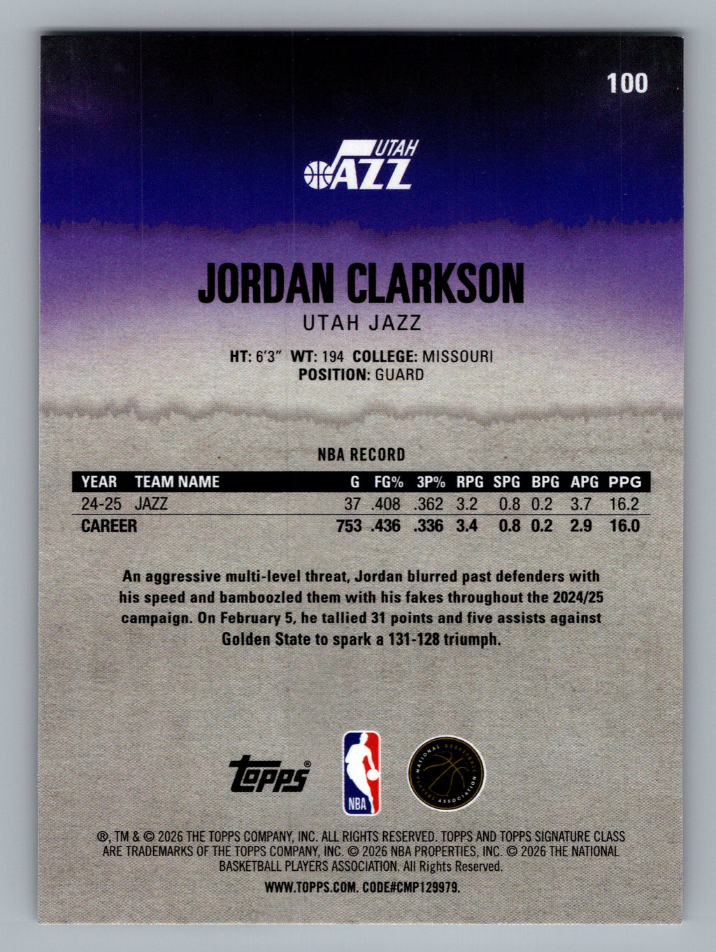 2025-26 Topps Signature Class #100 Jordan Clarkson
