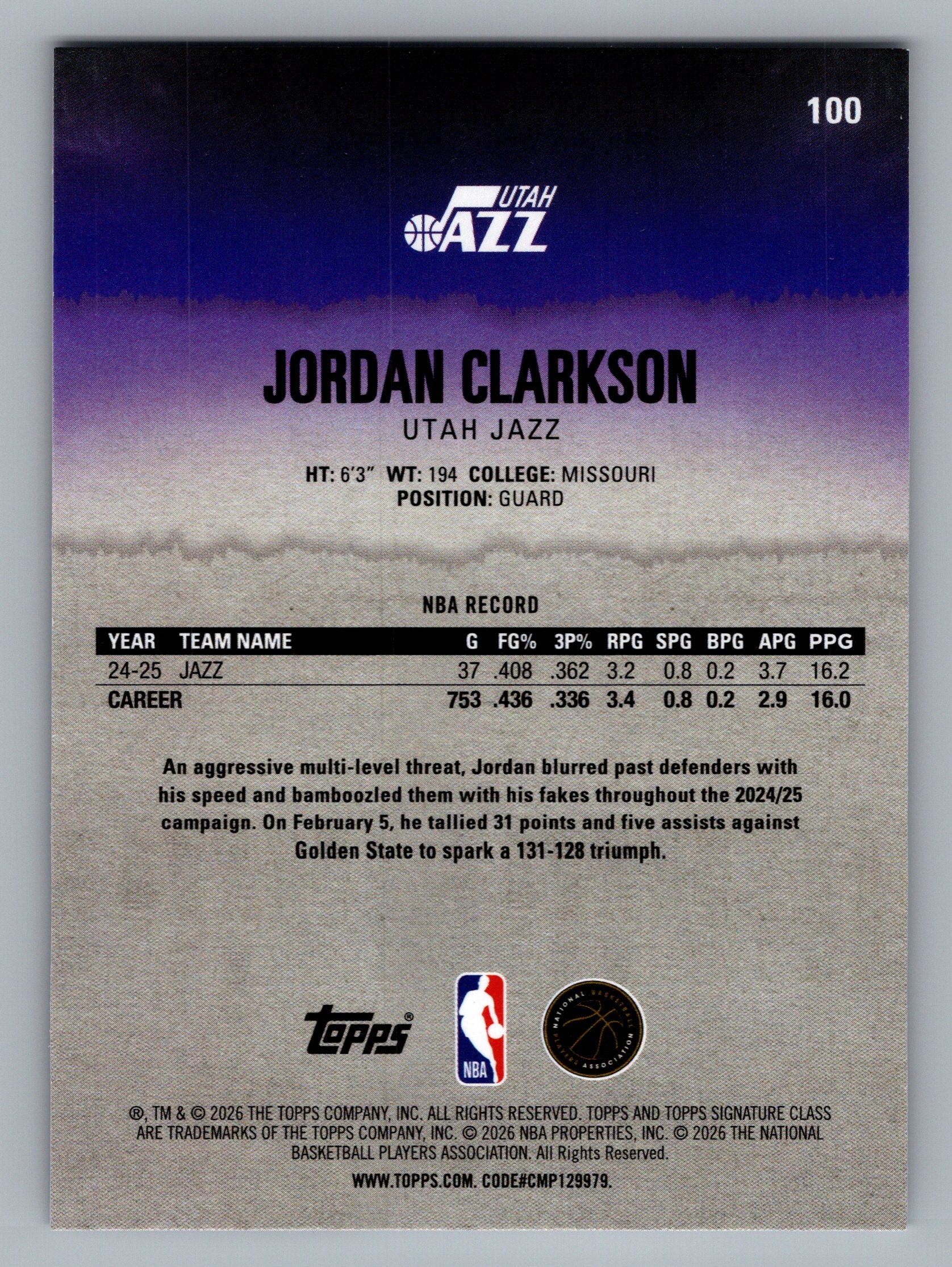 2025-26 Topps Signature Class #100 Jordan Clarkson