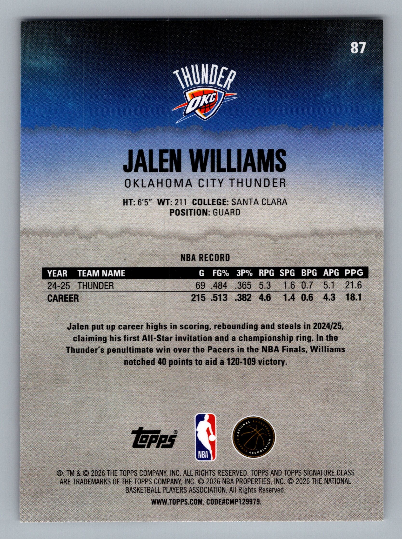 2025-26 Topps Signature Class #87 Jalen Williams