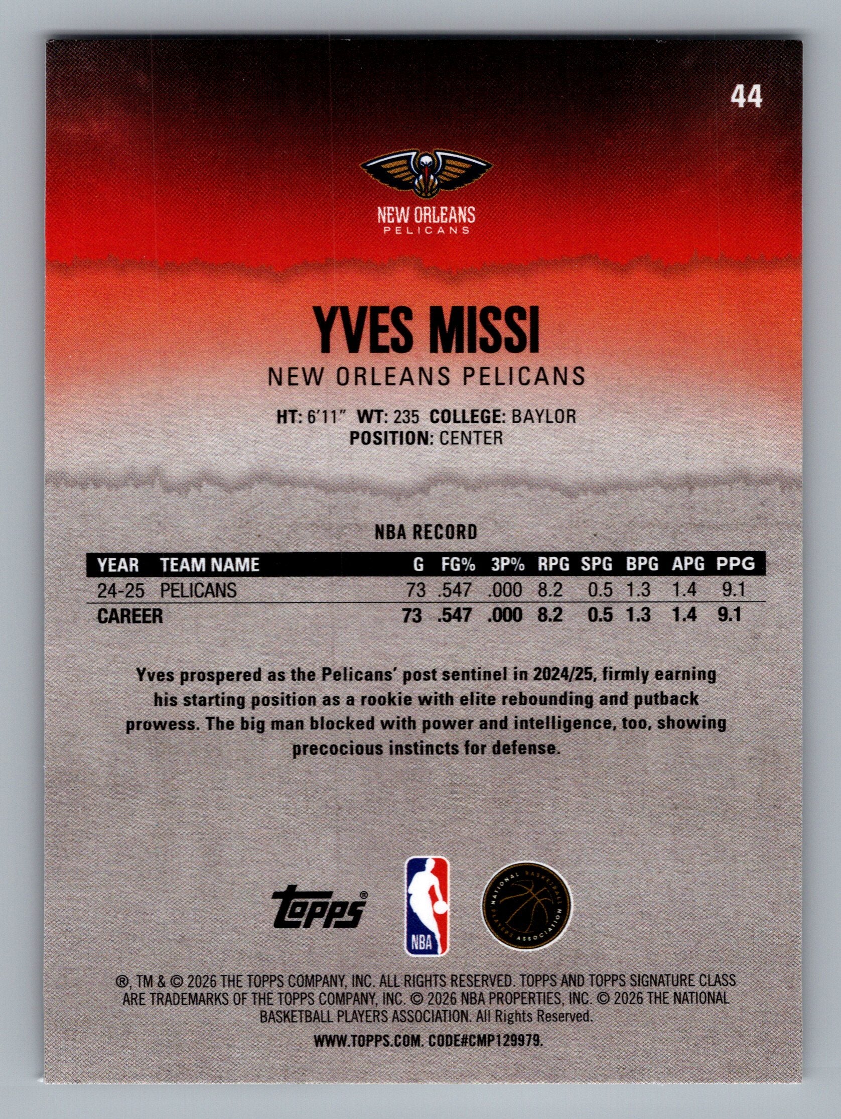 2025-26 Topps Signature Class #44 Yves Missi