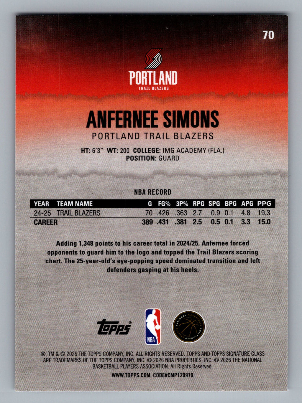 2025-26 Topps Signature Class #70 Anfernee Simons