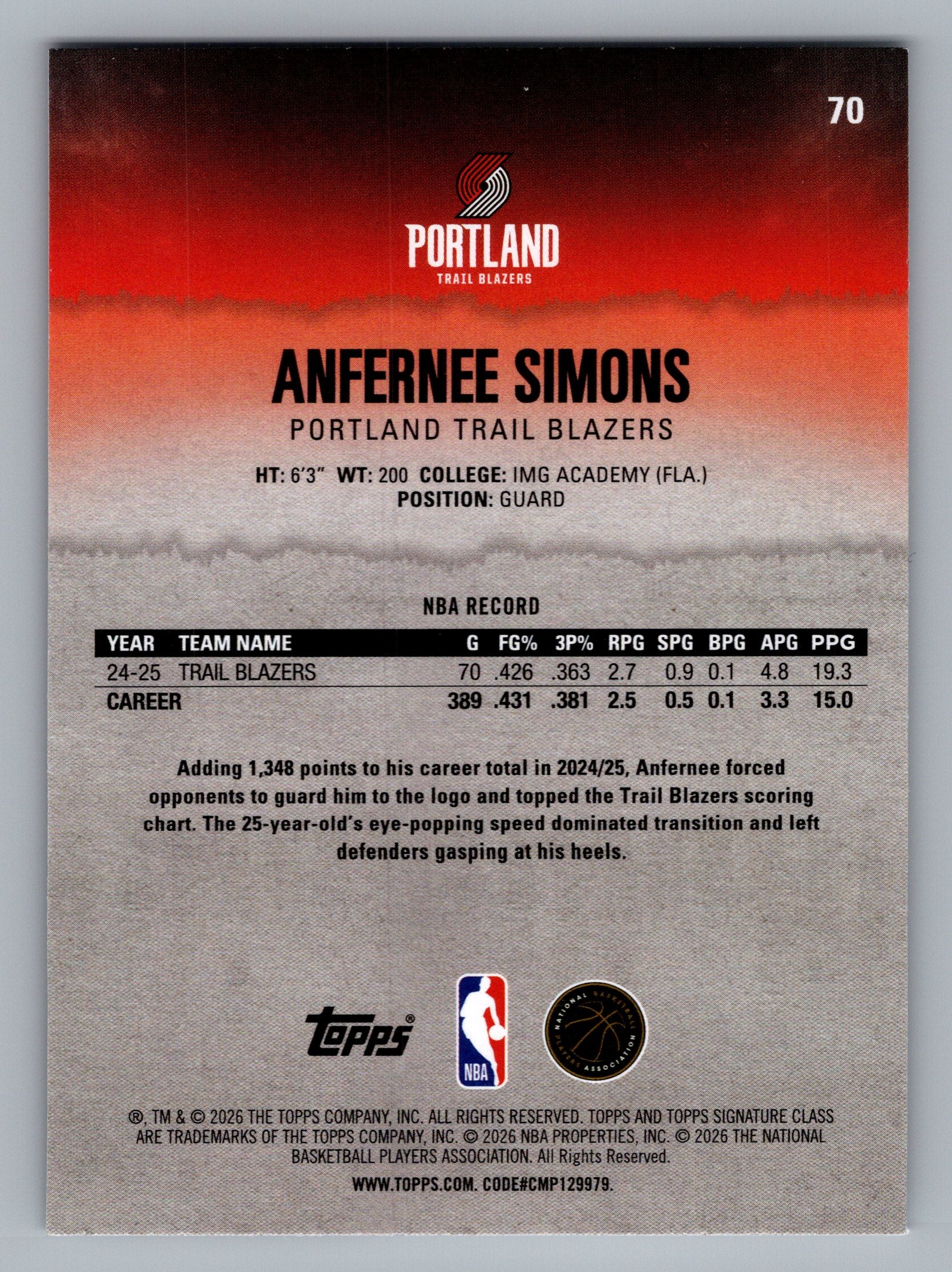 2025-26 Topps Signature Class #70 Anfernee Simons