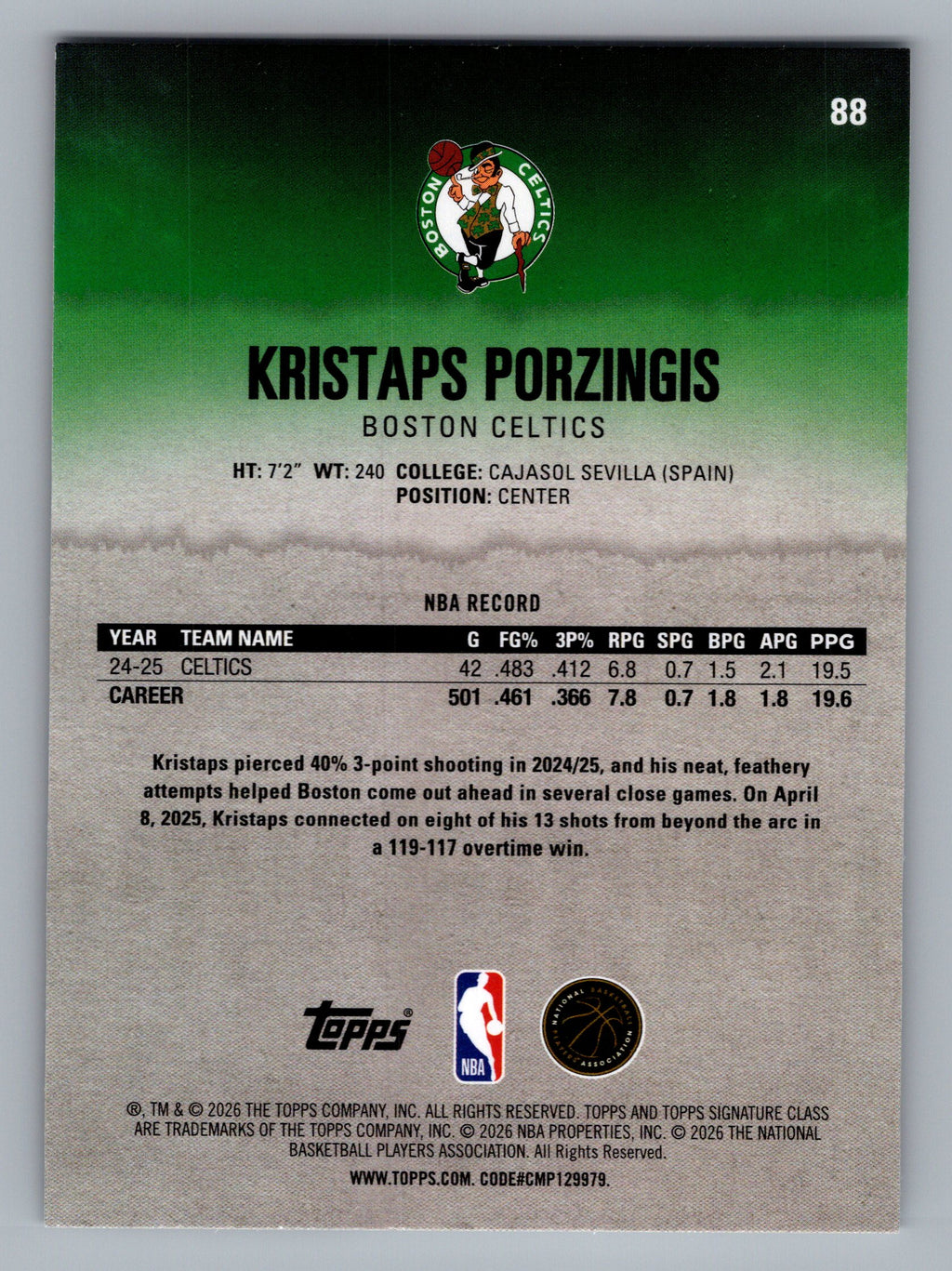 2025-26 Topps Signature Class #88 Kristaps Porzingis
