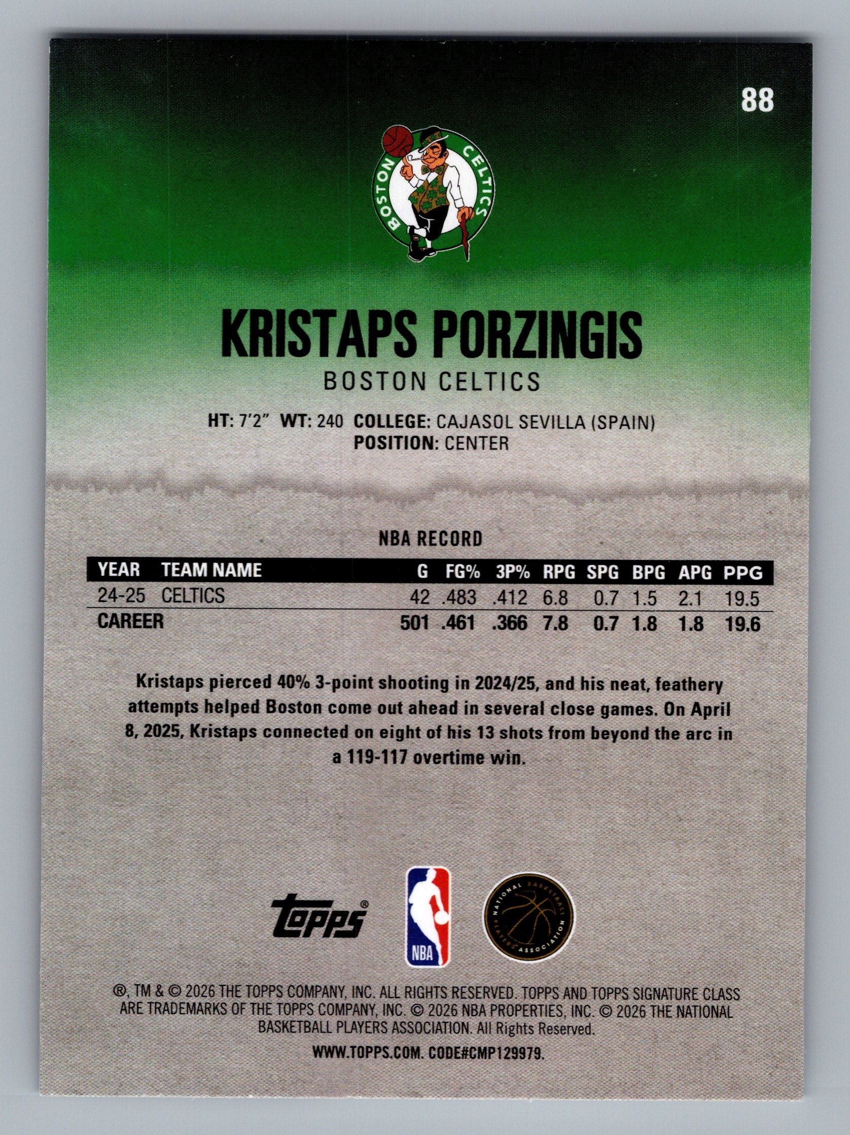 2025-26 Topps Signature Class #88 Kristaps Porzingis