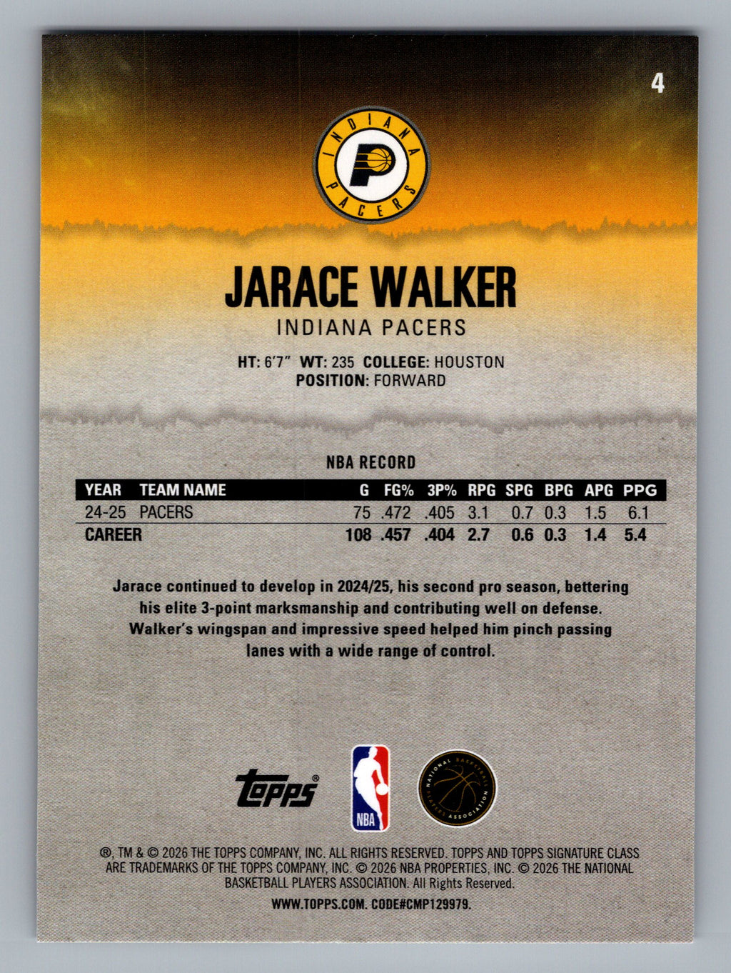 2025-26 Topps Signature Class #4 Jarace Walker