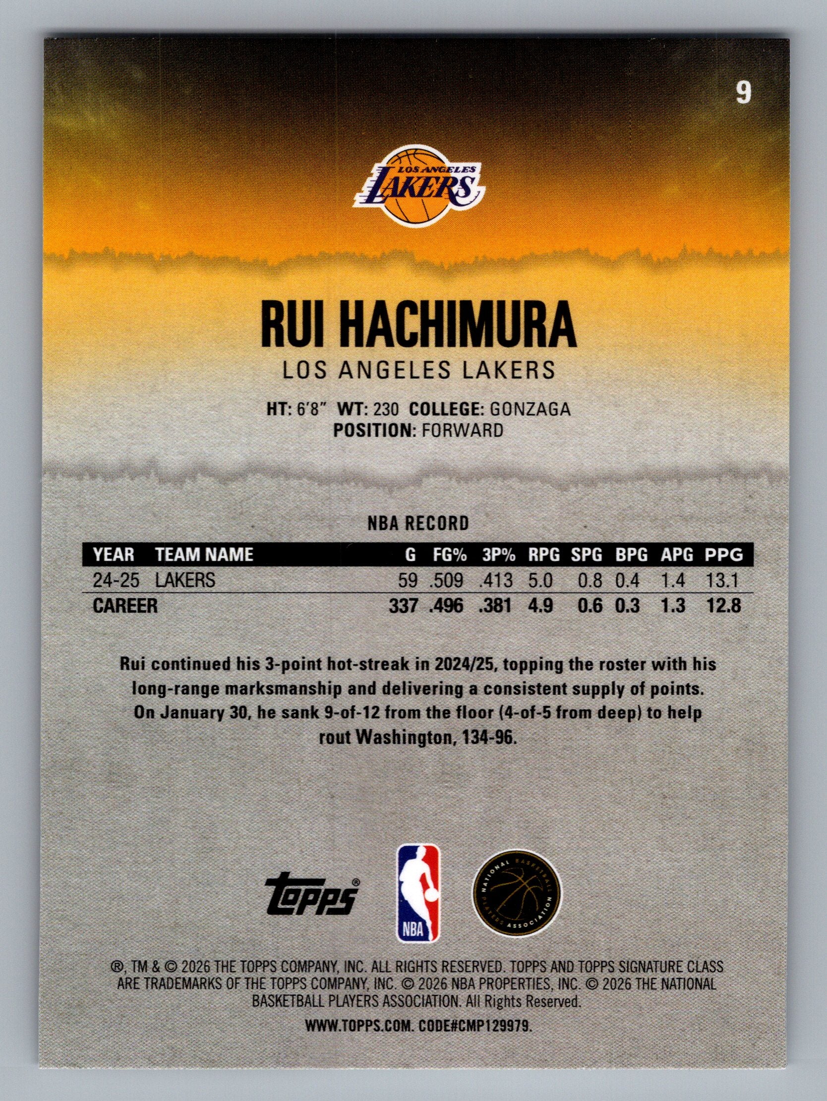 2025-26 Topps Signature Class #9 Rui Hachimura