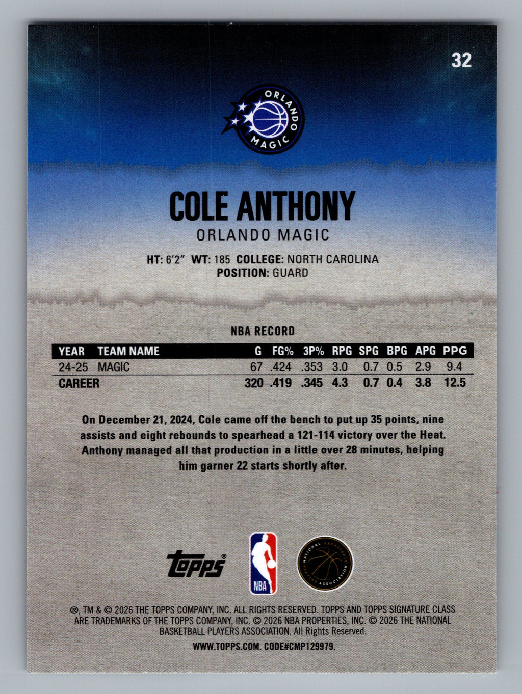 2025-26 Topps Signature Class #32 Cole Anthony