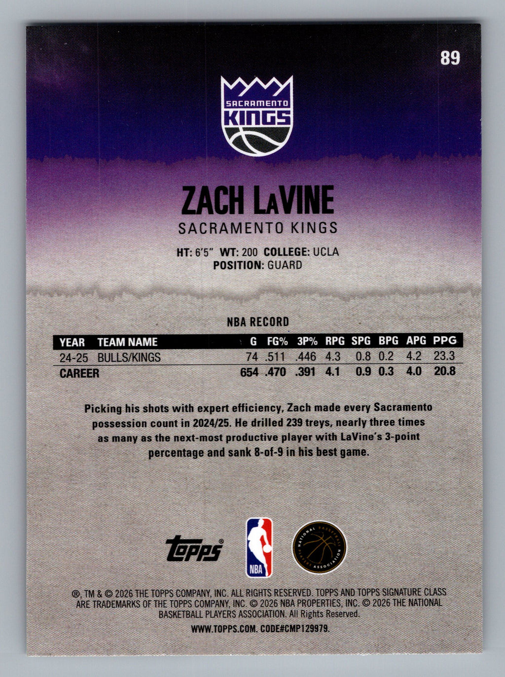 2025-26 Topps Signature Class #89 Zach LaVine
