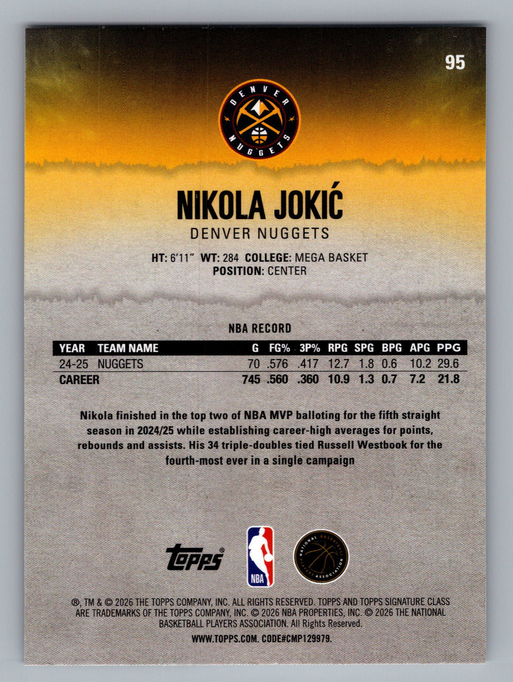 2025-26 Topps Signature Class #95 Nikola Jokić