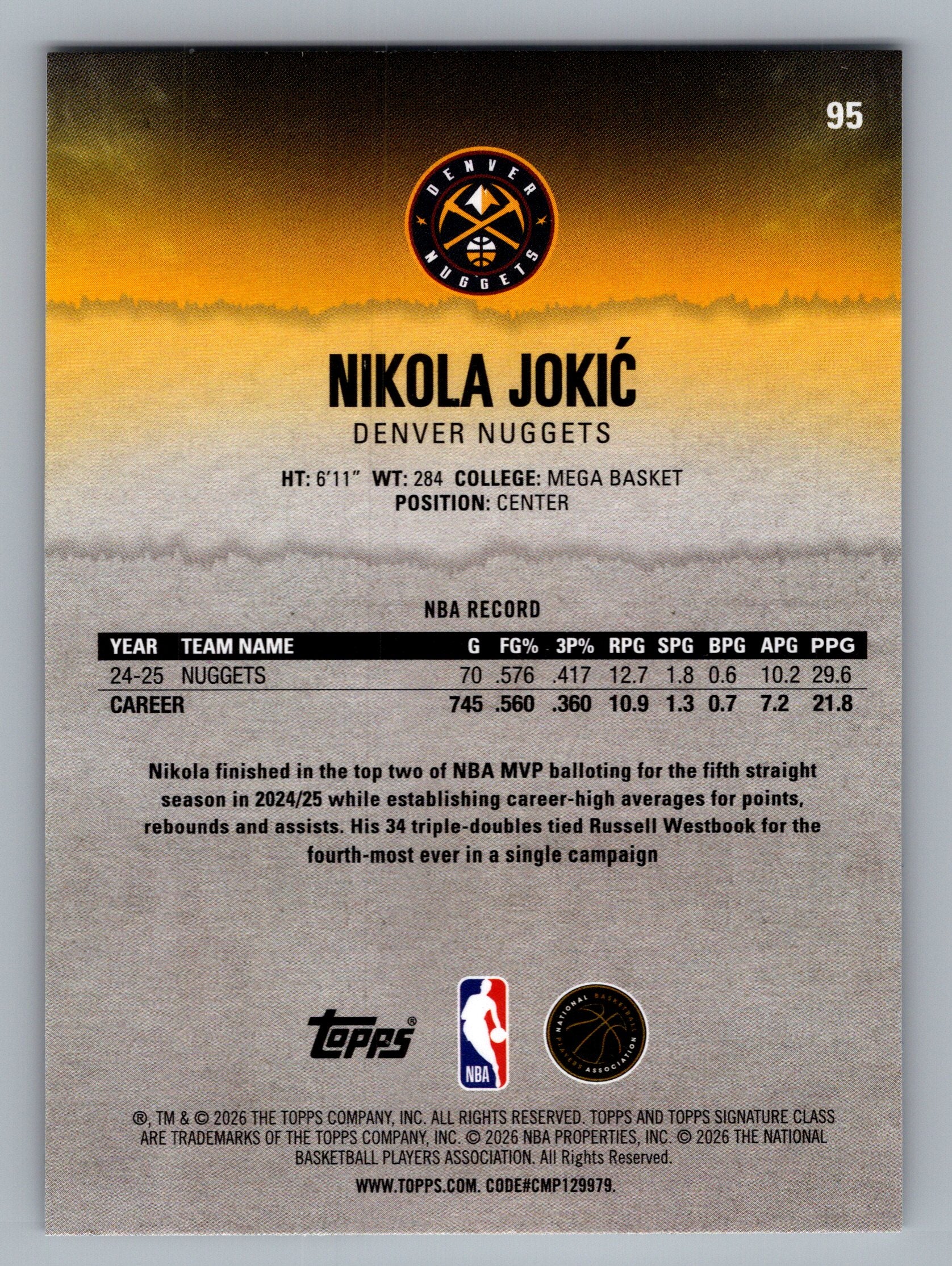 2025-26 Topps Signature Class #95 Nikola Jokić