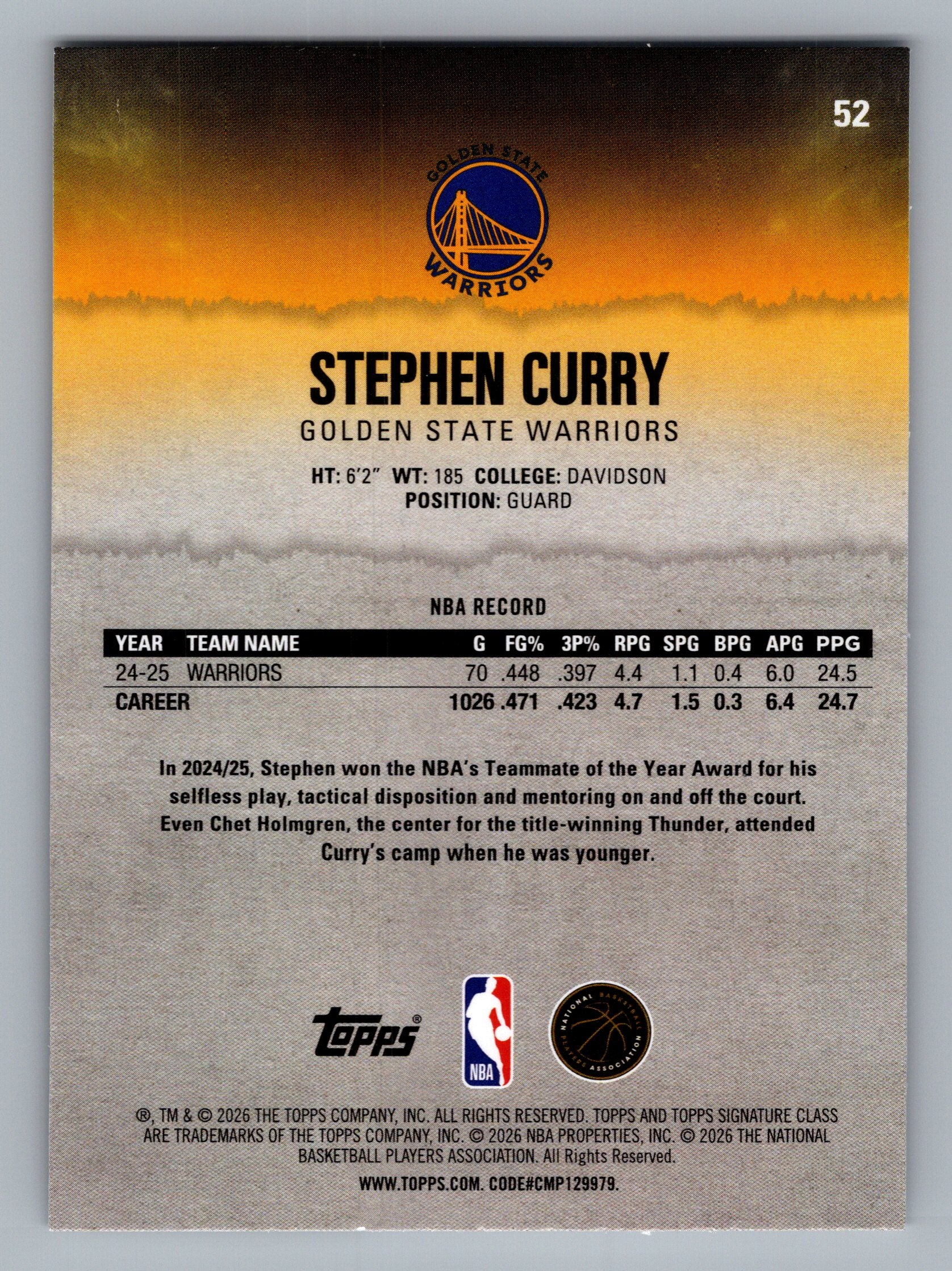 2025-26 Topps Signature Class #52 Stephen Curry