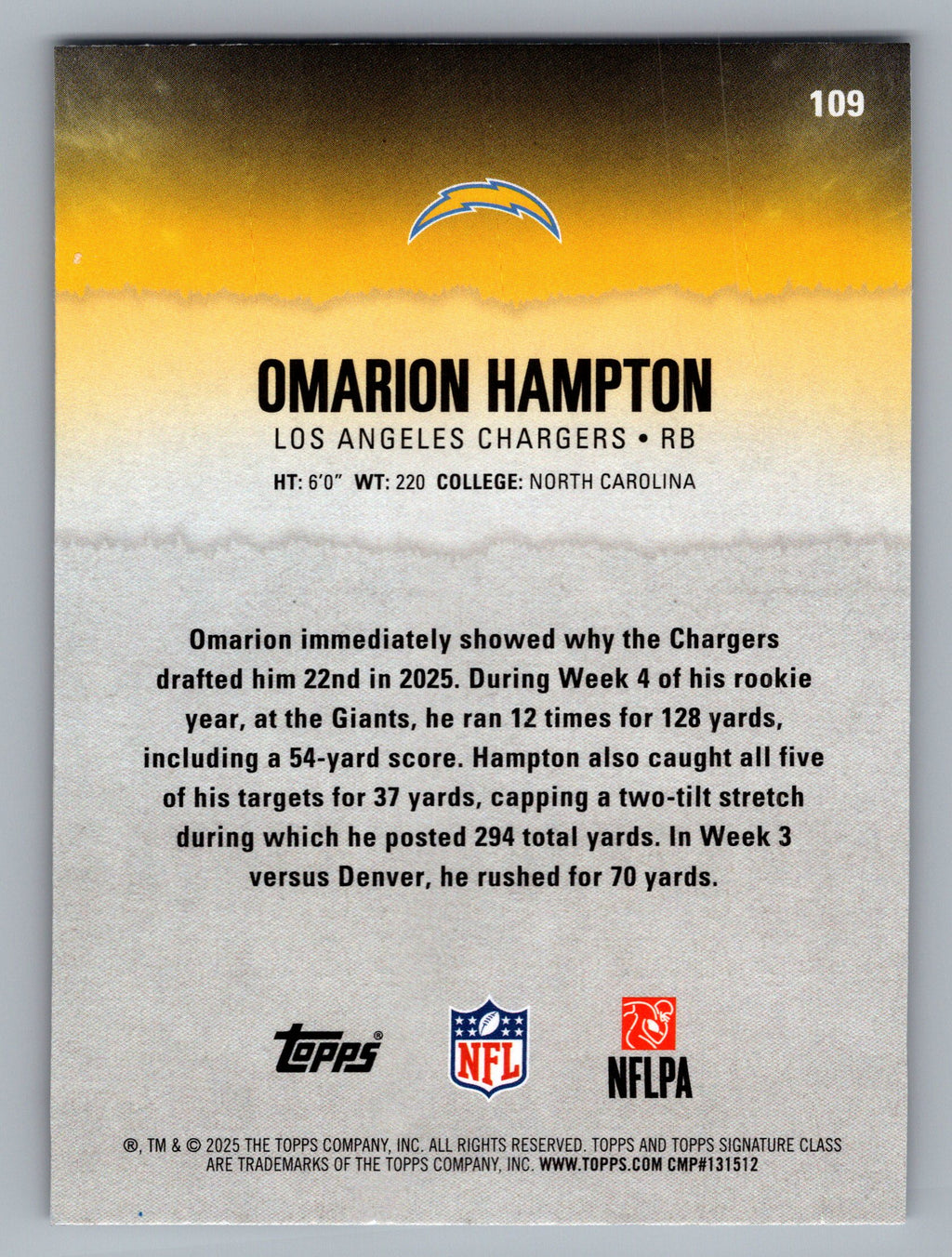 2025 Topps Signature Class #109 Omarion Hampton