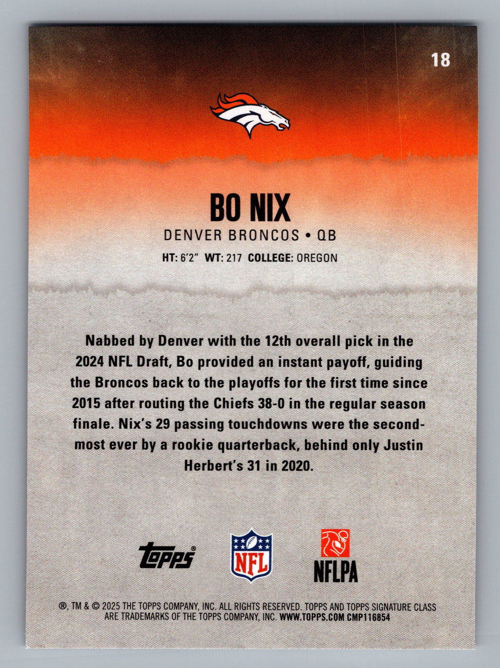 2025 Topps Signature Class #18 Bo Nix