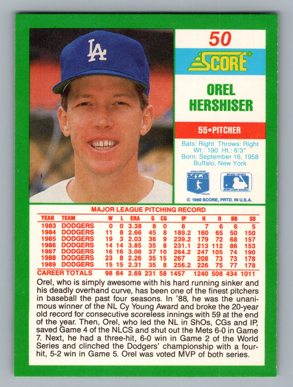 1990 Score #50 Orel Hershiser