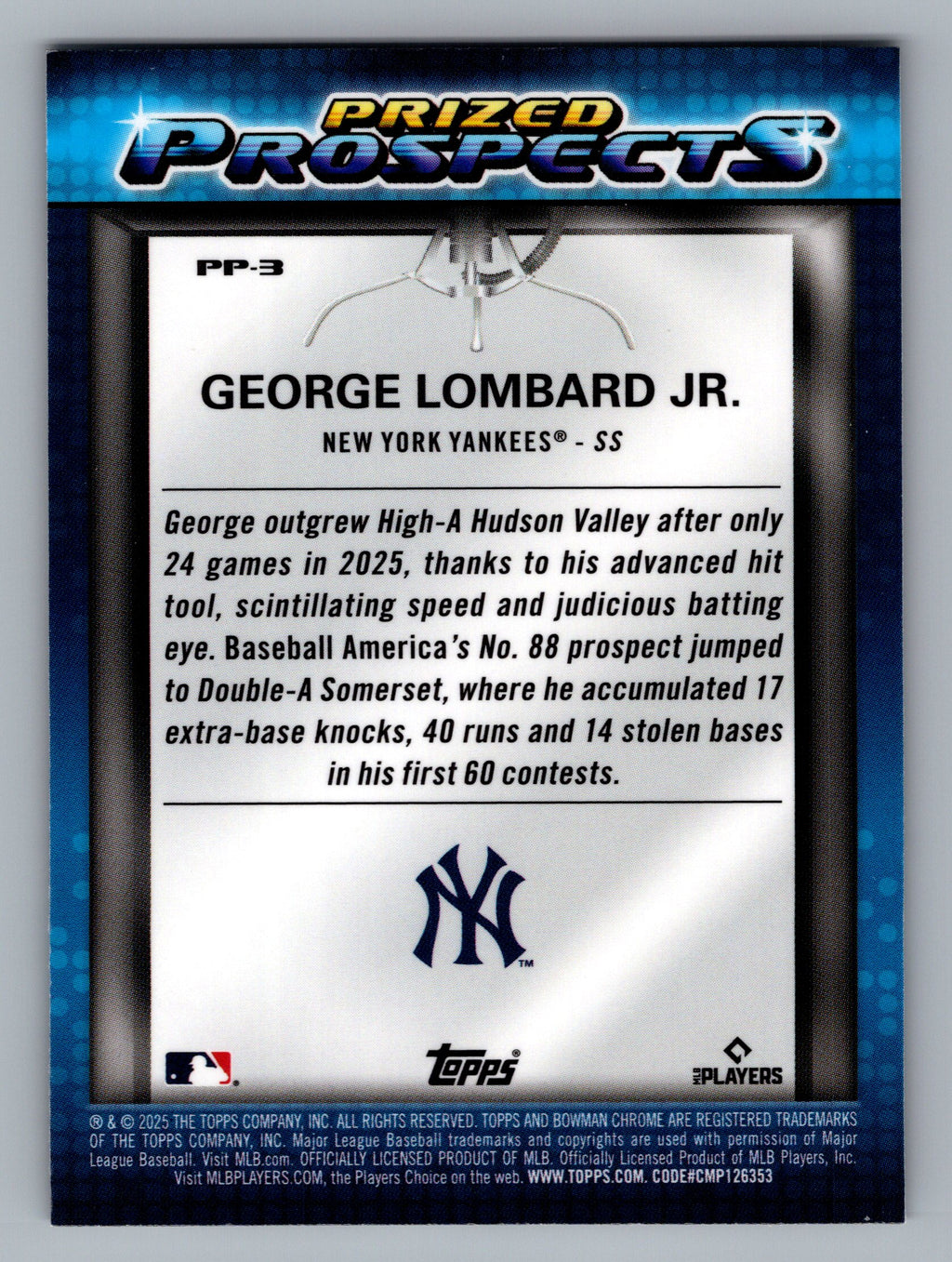 2025 Bowman Draft #PP-3 George Lombard Jr. Prized Prospects Mojo Refractor
