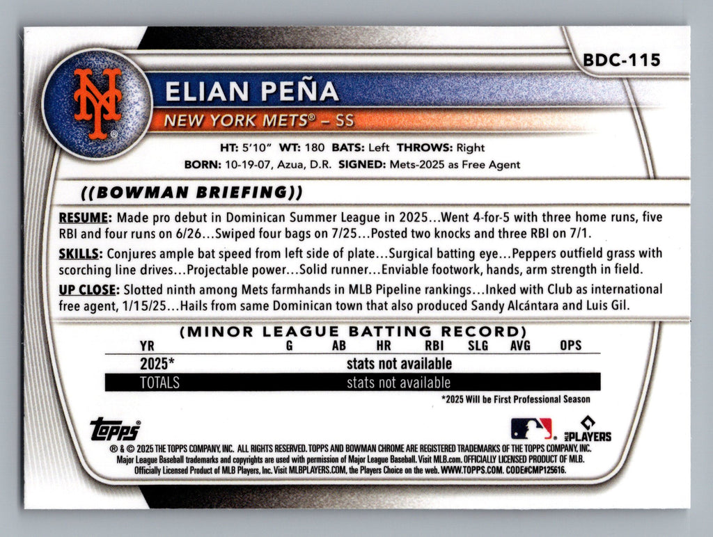 2025 Bowman Draft #BDC-115 Elian Peña Chrome Mojo Refractor