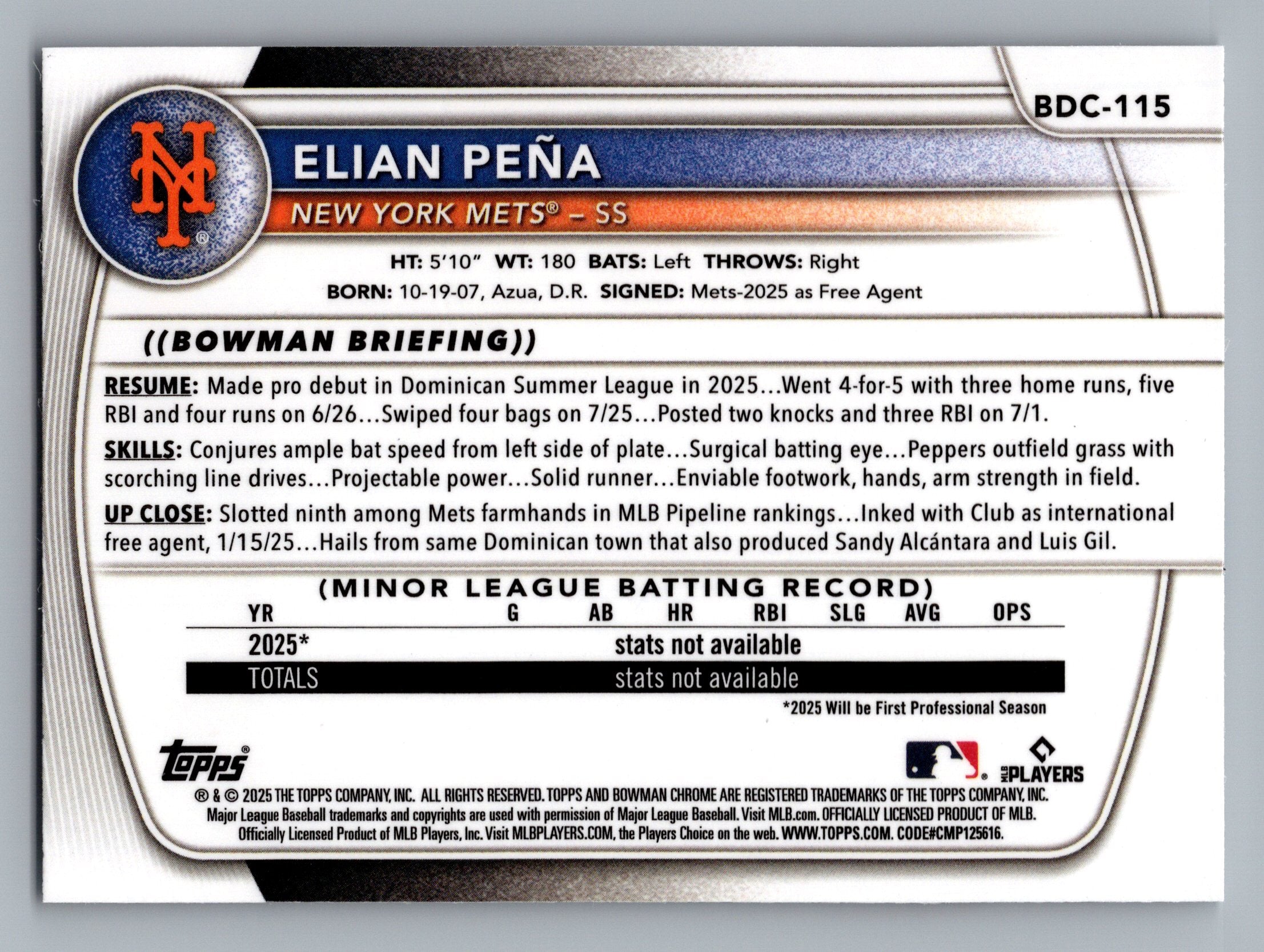 2025 Bowman Draft #BDC-115 Elian Peña Chrome Mojo Refractor