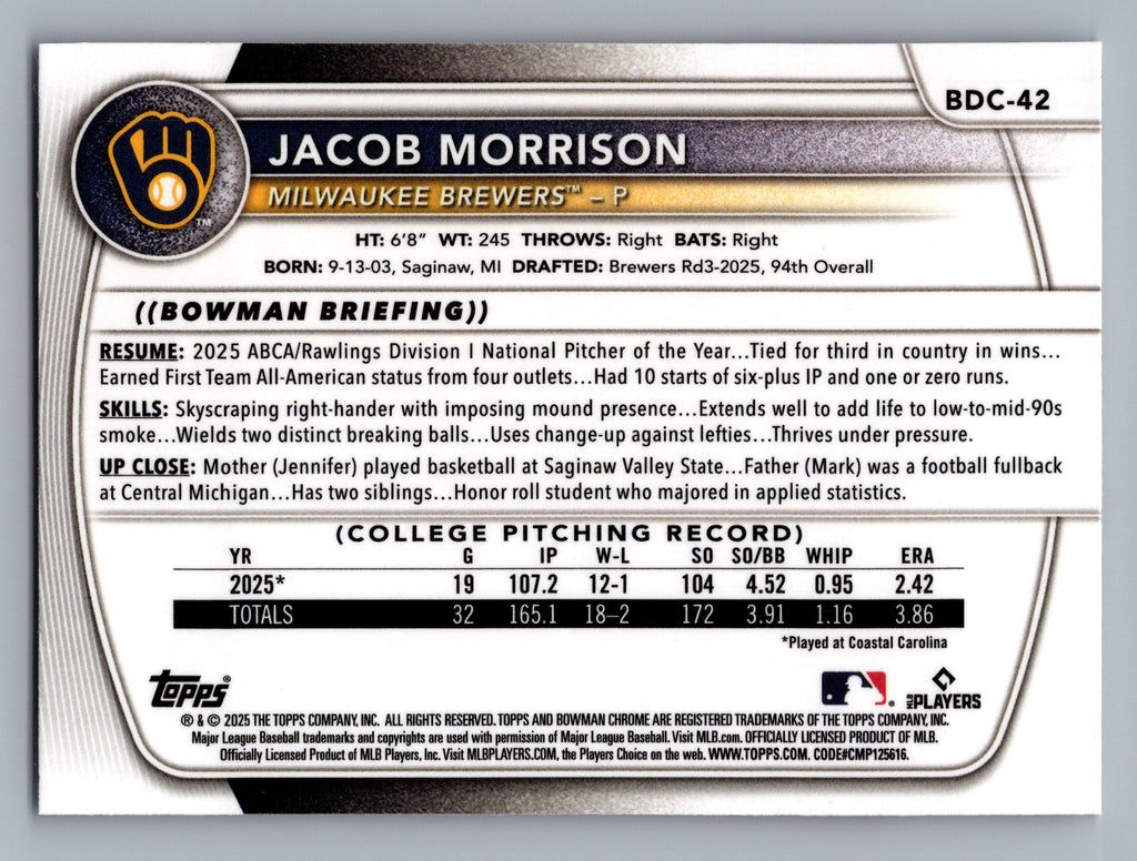 2025 Bowman Draft #BDC-42 Jacob Morrison Chrome Mojo Refractor