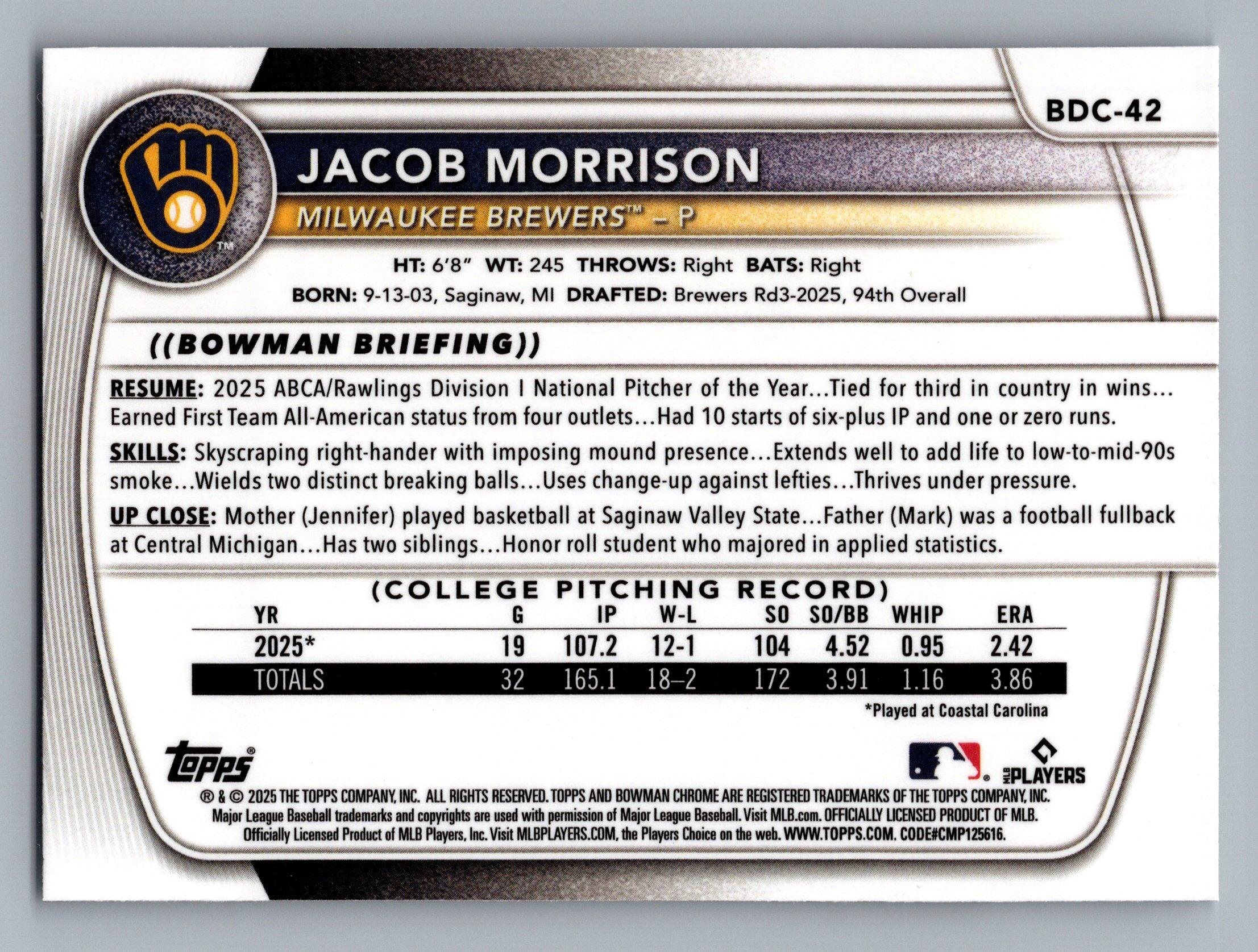 2025 Bowman Draft #BDC-42 Jacob Morrison Chrome Mojo Refractor